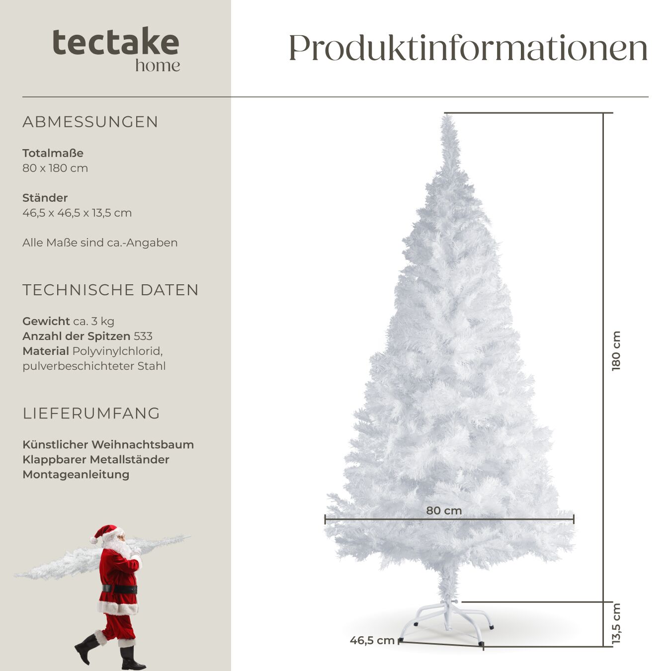 tectake Weihnachtsbaum, verschiedene Gren, knstlich in Wei, formbar  mit viel Volumen, inklusive Metallstnder mit Kunststoffkappen