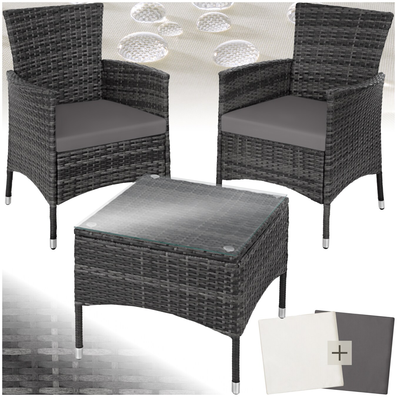 tectake® Rattanset, für 2 Personen, UV-beständig, 2 Bezugssets