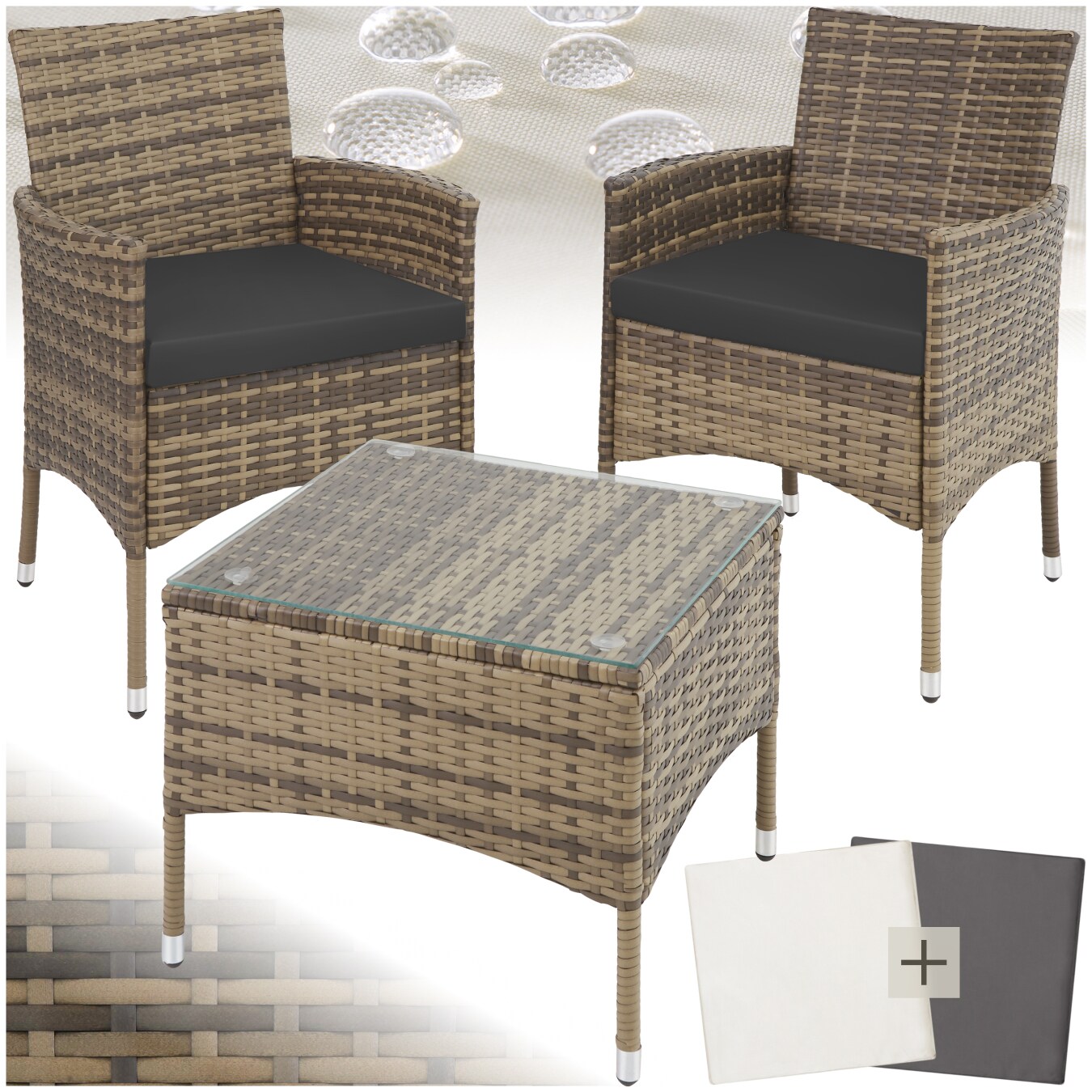 tectake® Rattanset, für 2 Personen, UV-beständig, 2 Bezugssets