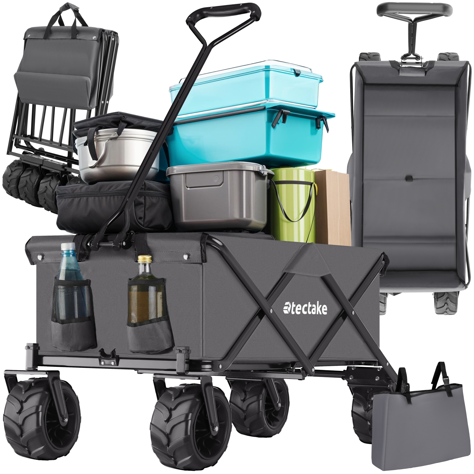 tectake&reg; Bollerwagen, faltbar, abnehmbarer Stoffeinsatz mit 2 Netztaschen, inklusive Tragetasche, Belastbarkeit 80 kg - Bild 1
