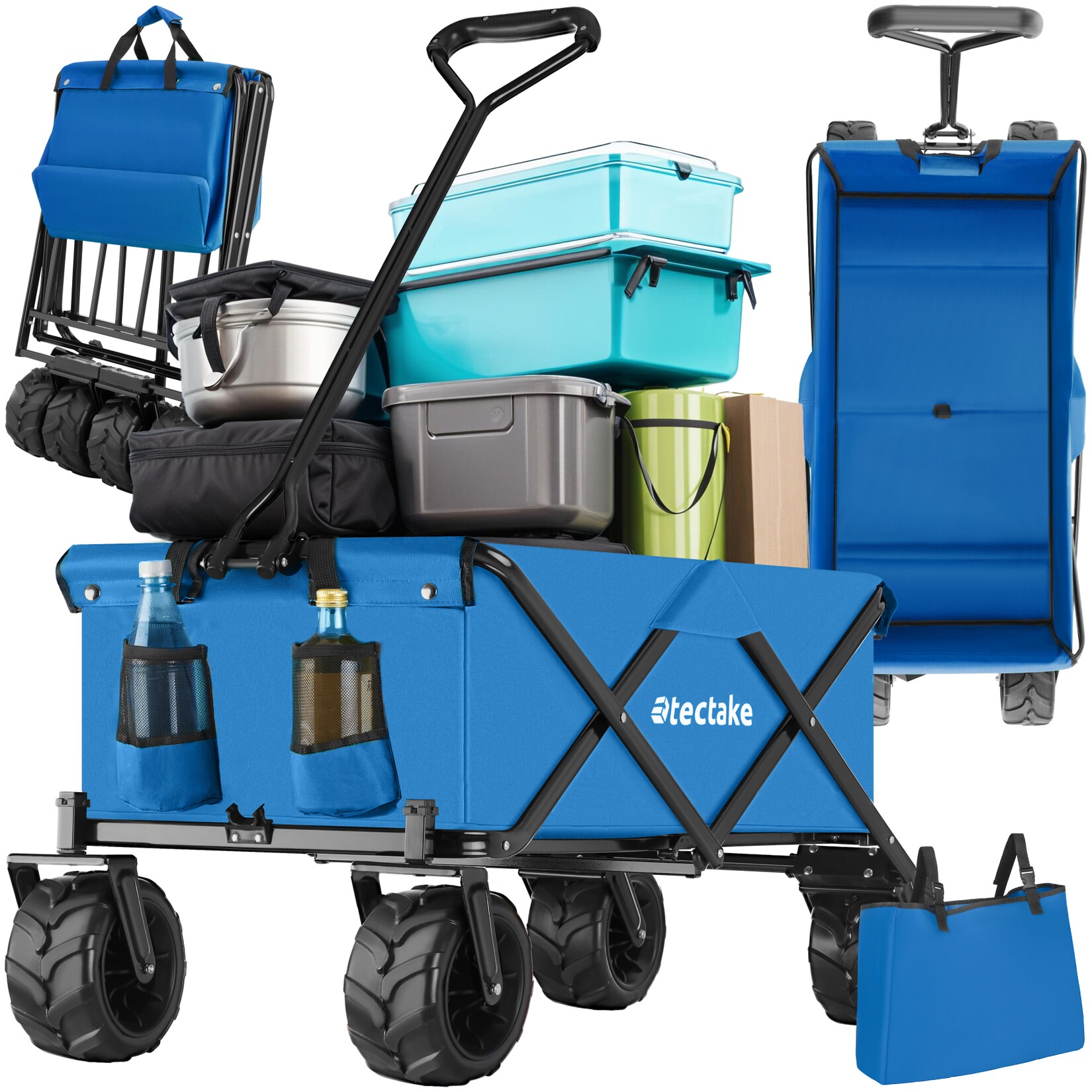 tectake® Bollerwagen, faltbar, abnehmbarer Stoffeinsatz mit 2 Netztaschen, inklusive Tragetasche, Belastbarkeit 80 kg | 04061173012548