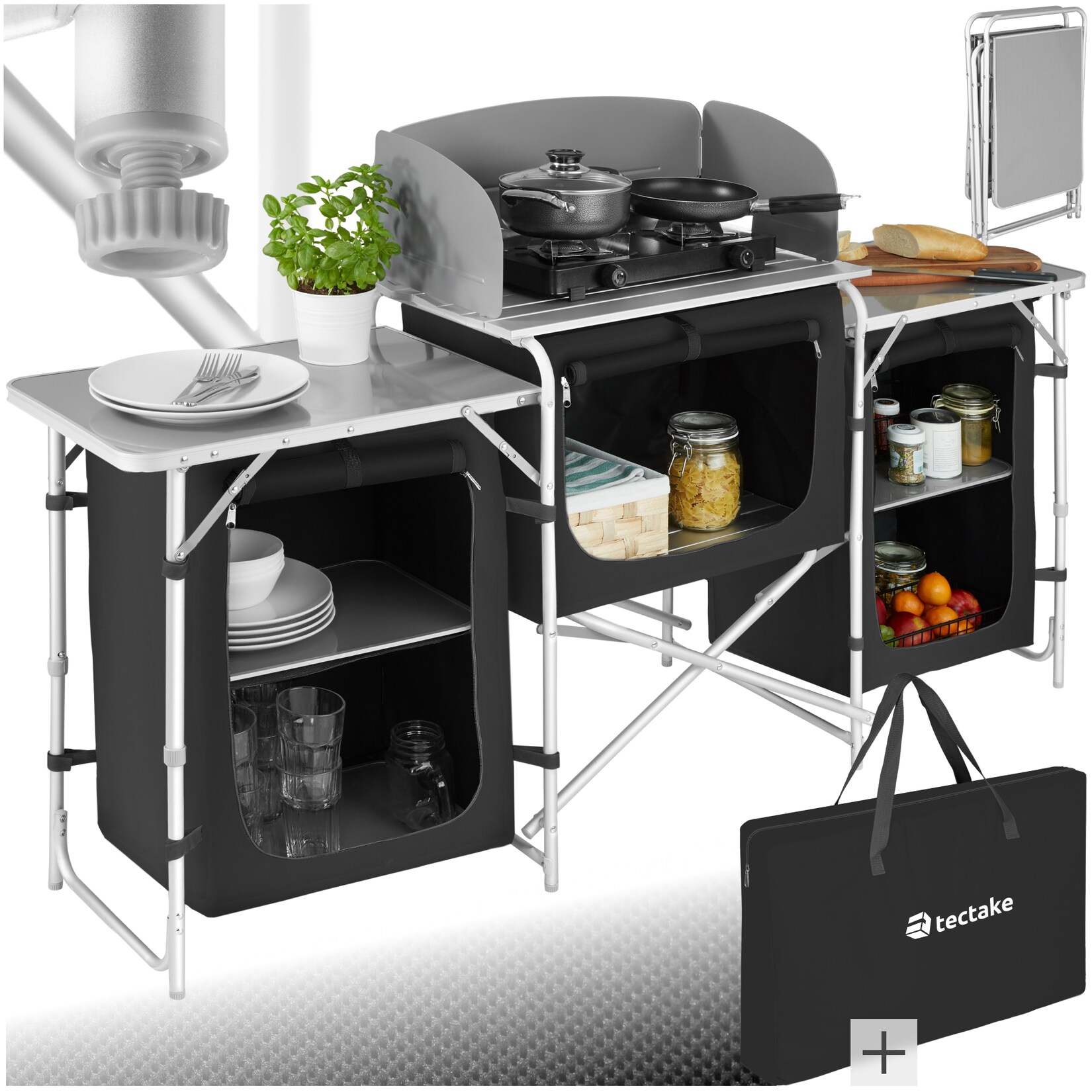 tectake® Campingküche XXL mit Aluminiumgestell und 5 Fächern, faltbar, mit großem Stauraum und Windschutz, 172 x 52 x 104 cm