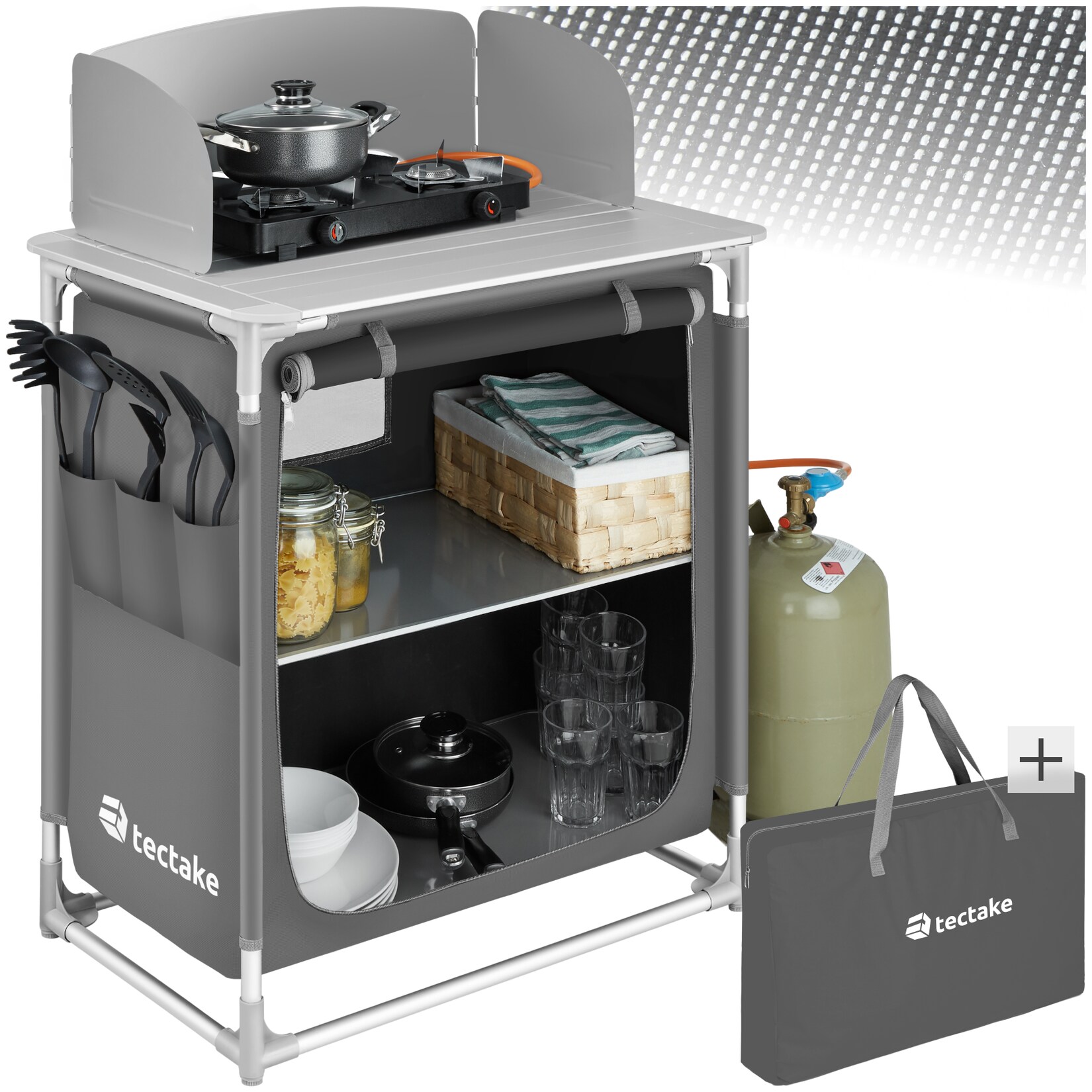 tectake® Campingküche Premium mit 2 Fächern, faltbar, mit 2 großen Fächern und Windschutz, 76 x 53,5 x 107 cm | 04061173017192