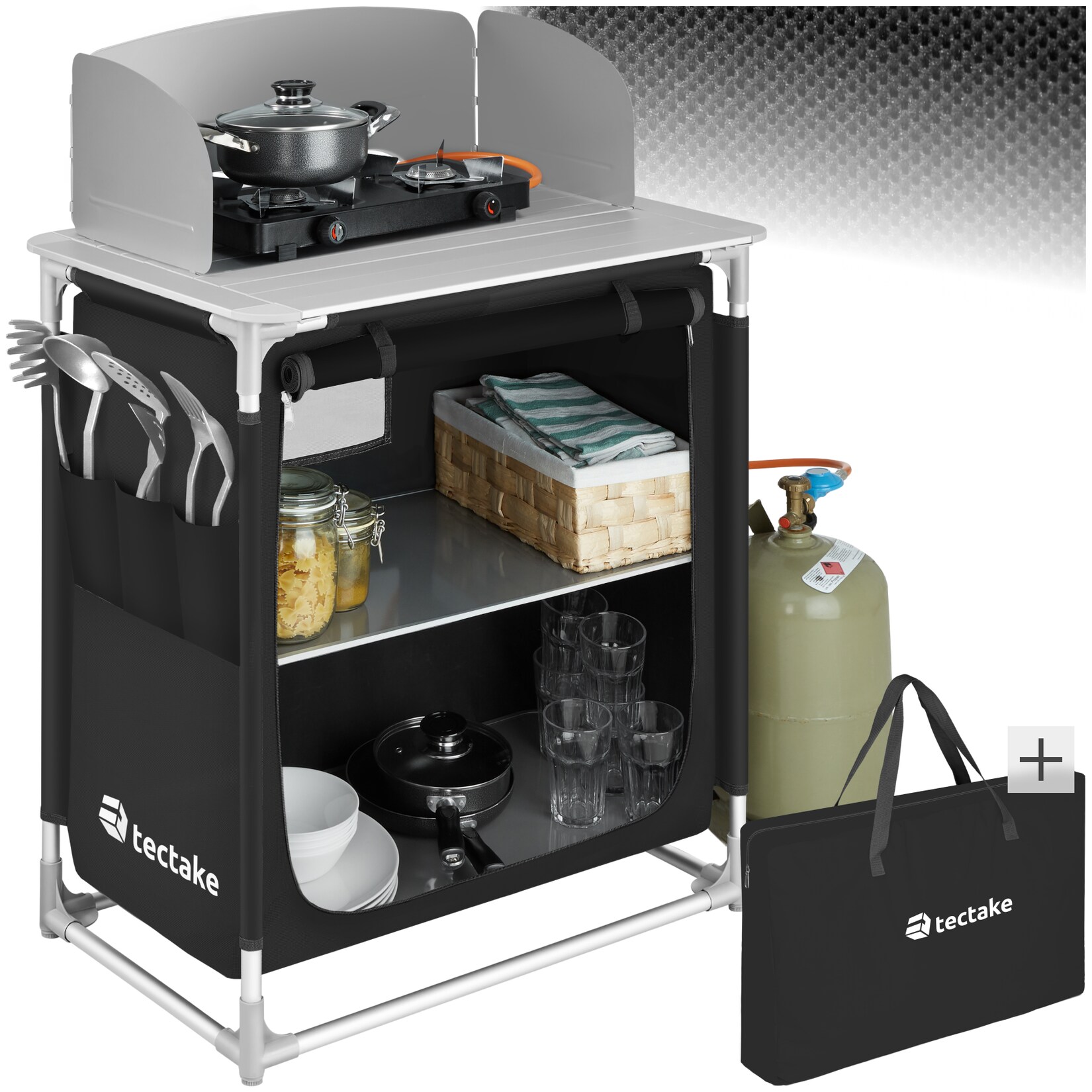 tectake® Campingküche Premium mit 2 Fächern, faltbar, mit 2 großen Fächern und Windschutz, 76 x 53,5 x 107 cm | 04061173062079