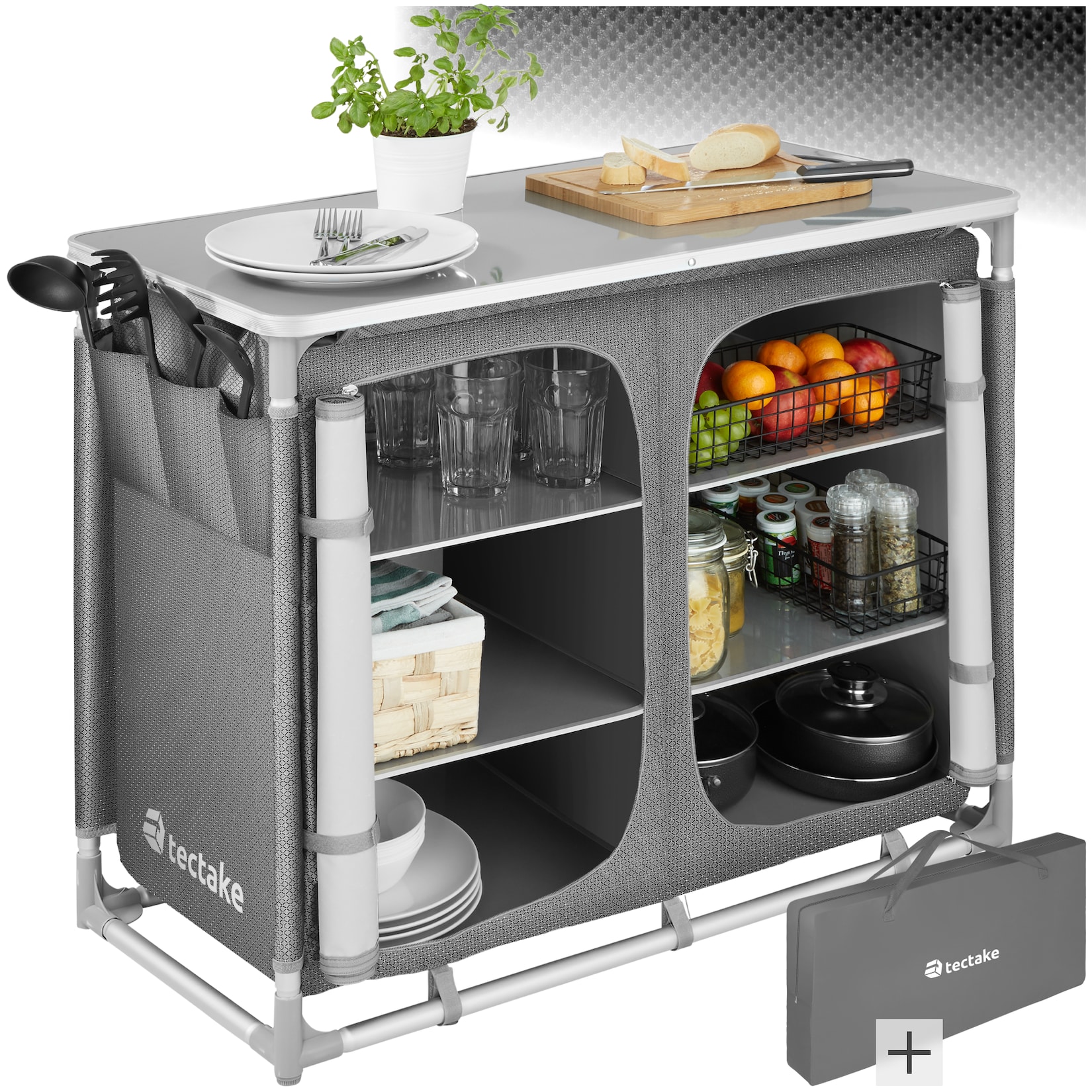 tectake® Campingschrank Deluxe mit Aluminiumgestell und 6 Fächern, faltbar, Stauraum mit 6 Fächern, 97 x 47,5 x 78 cm
