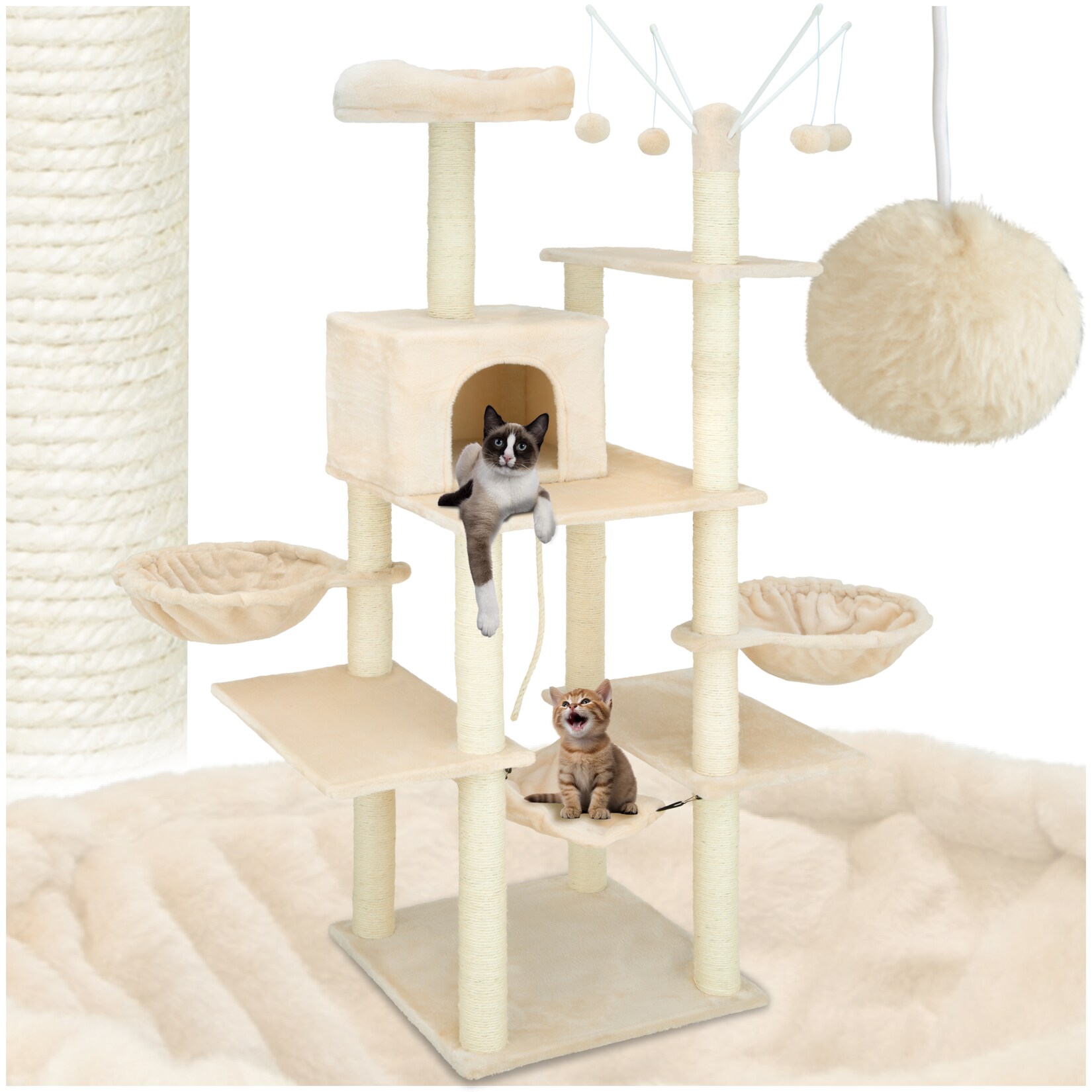 tectake® Kratzbaum, 165 cm, mit Katzenhaus, inklusive 4 Spielbällen, Kordel und Kippschutz