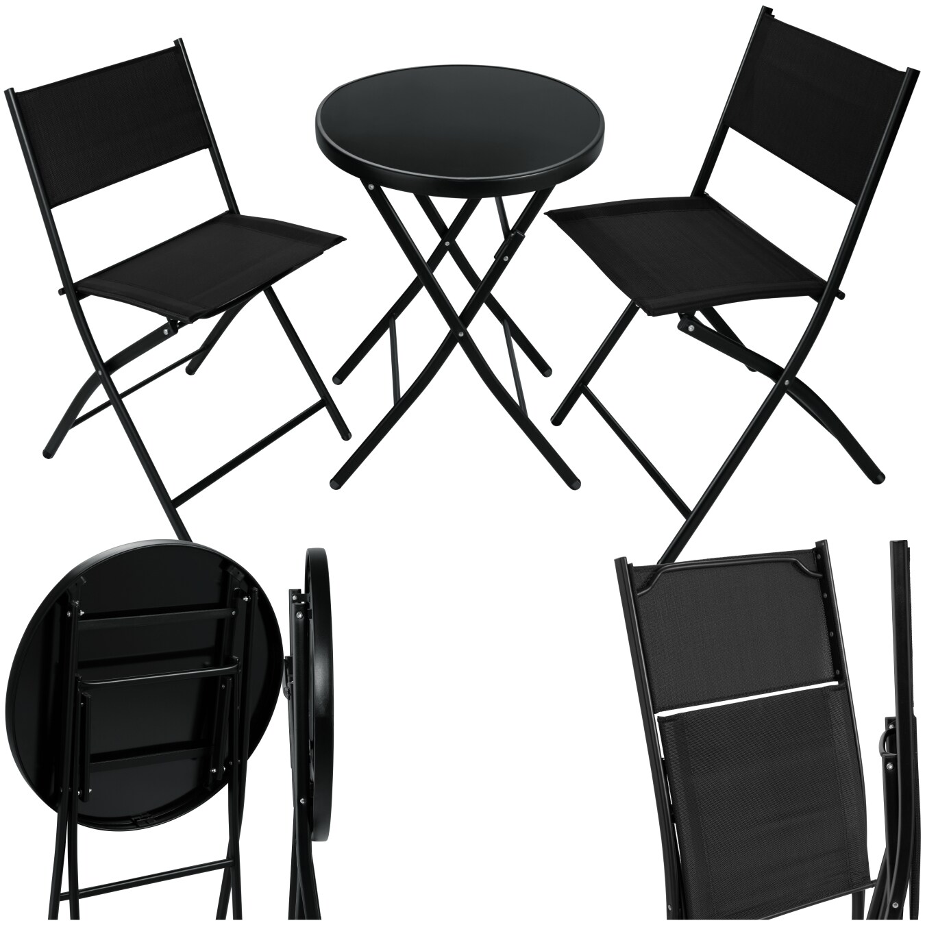 tectake® Bistro-Set, klappbar, für 2 Personen, UV-beständig, Tisch mit Sicherheitsglasplatte