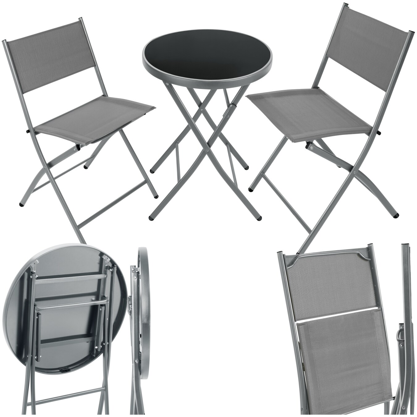 tectake® Bistro-Set, klappbar, für 2 Personen, UV-beständig, Tisch mit Sicherheitsglasplatte