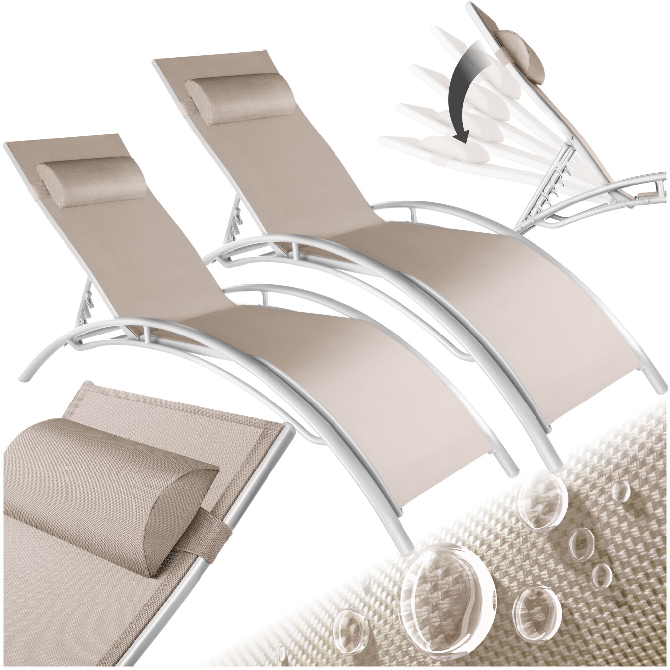 tectake® 2er Set Gartenliege, Textilene-Gewebe, 5-fach verstellbare Rückenlehne mit Kopfpolster, 180 x 59 x 50 cm