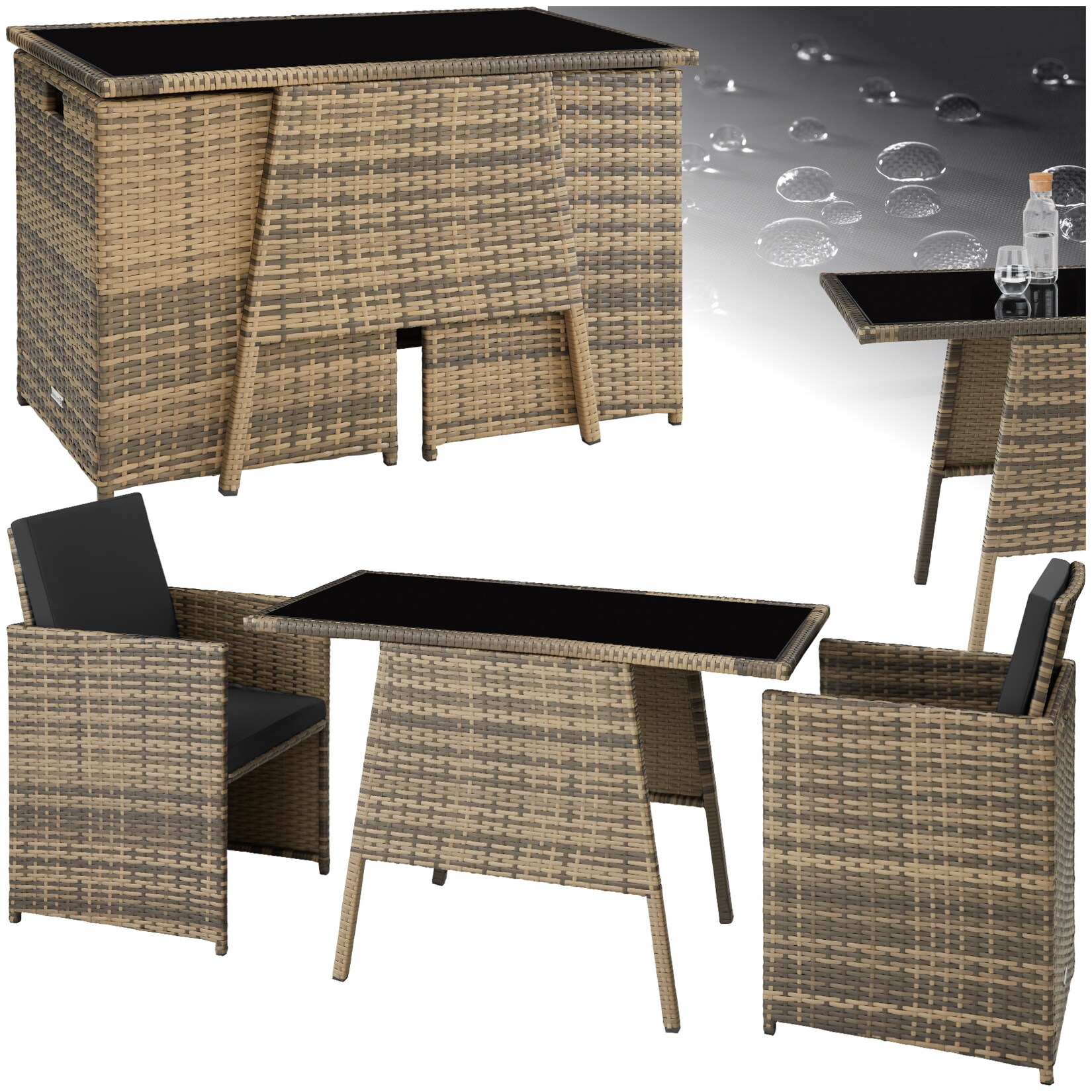 tectake® Rattan Sitzgruppe, für 2 Personen, UV-beständig, zusammenschiebbar