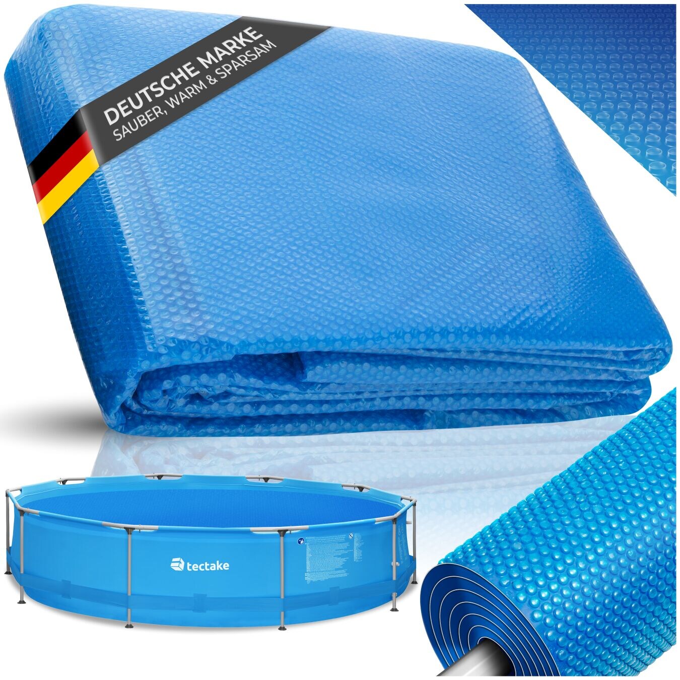 tectake® Poolabdeckung, rund und selbstschwimmend, Stärke 110 µm, Durchmesser 381 cm