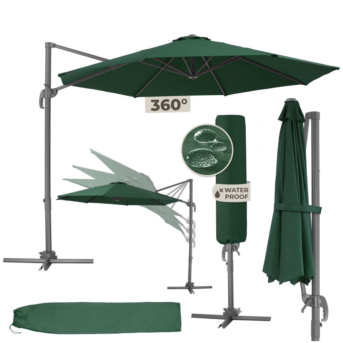 tectake® Sonnenschirm, Ø 300 cm, 6 einstellbare Neigungsstufen, UV-Schutz 50+, inklusive Schutzhülle