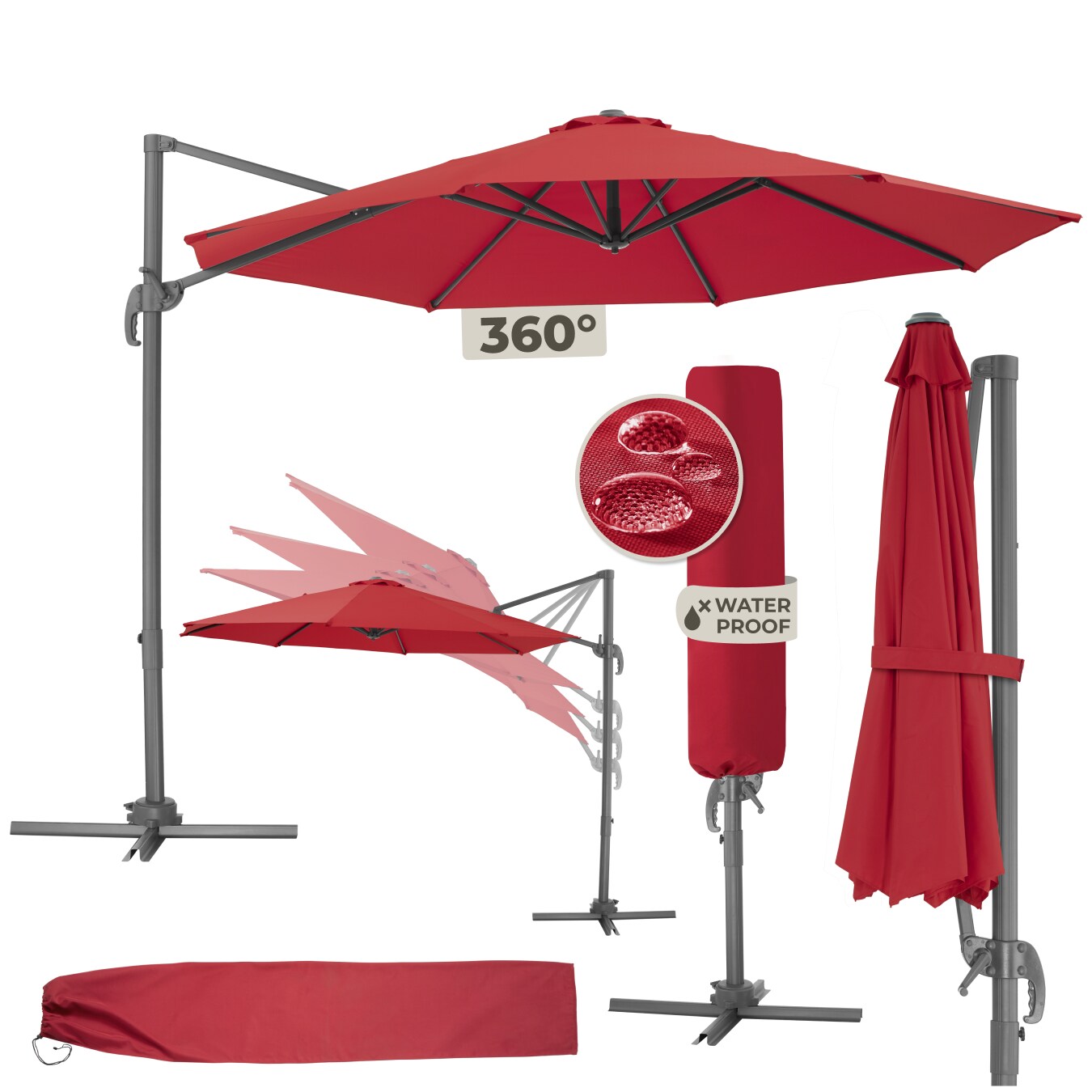 tectake® Sonnenschirm, Ø 300 cm, 6 einstellbare Neigungsstufen, UV-Schutz 50+, inklusive Schutzhülle