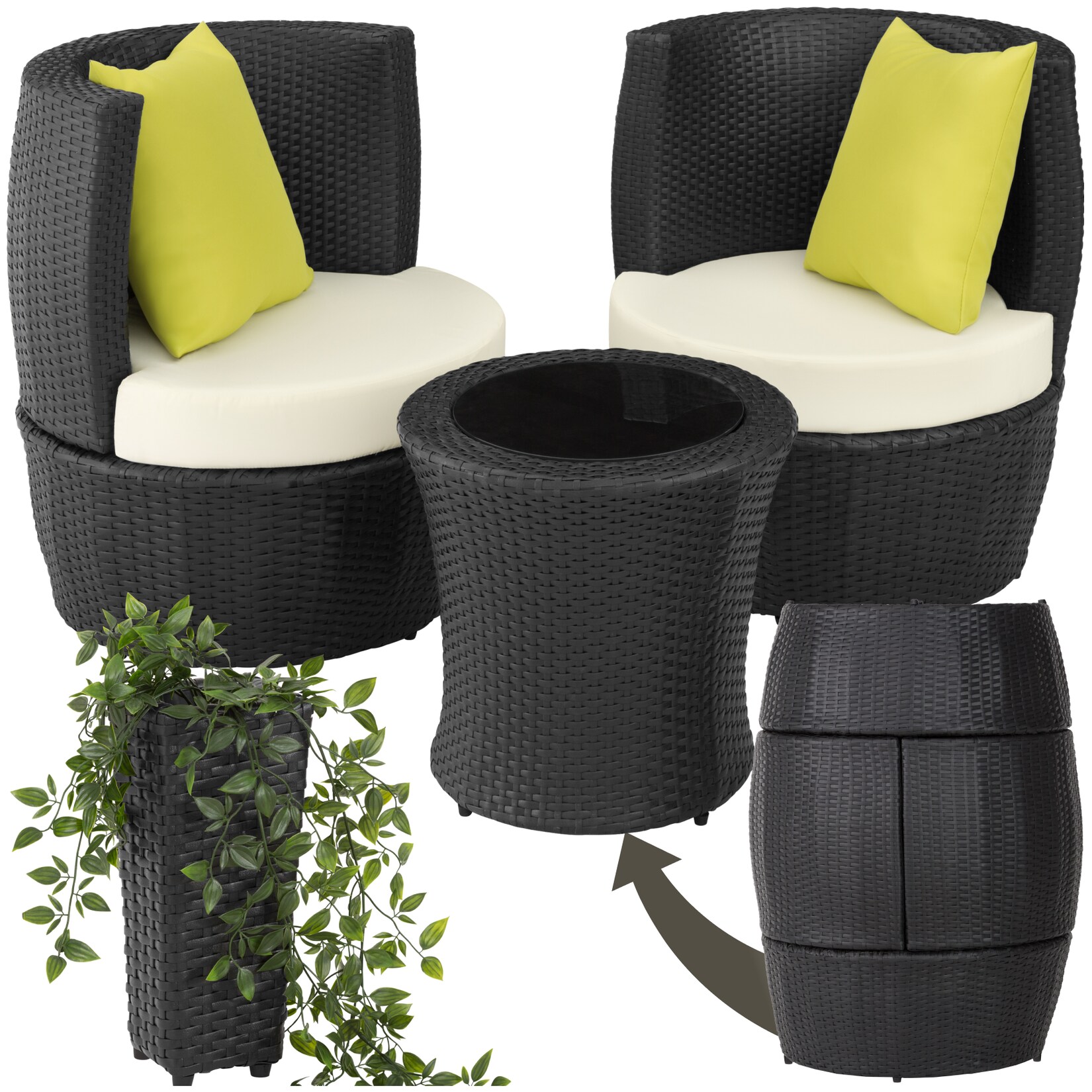 tectake® Rattan Sitzgruppe, mit Aluminiumgestell, dicke Polsterung, stapelbar