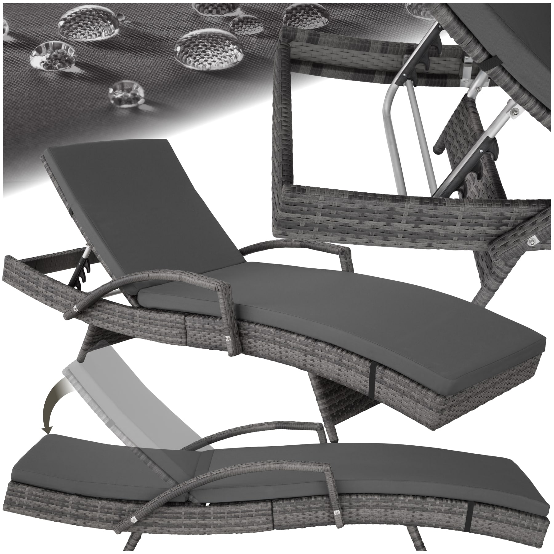 tectake&reg; Aluminium Rattan Sonnenliege, wetterfest und UV-best&auml;ndig, abnehmbare Polsterauflage, 190 x 71 x 34 &ndash; 74,5 cm - Bild 1