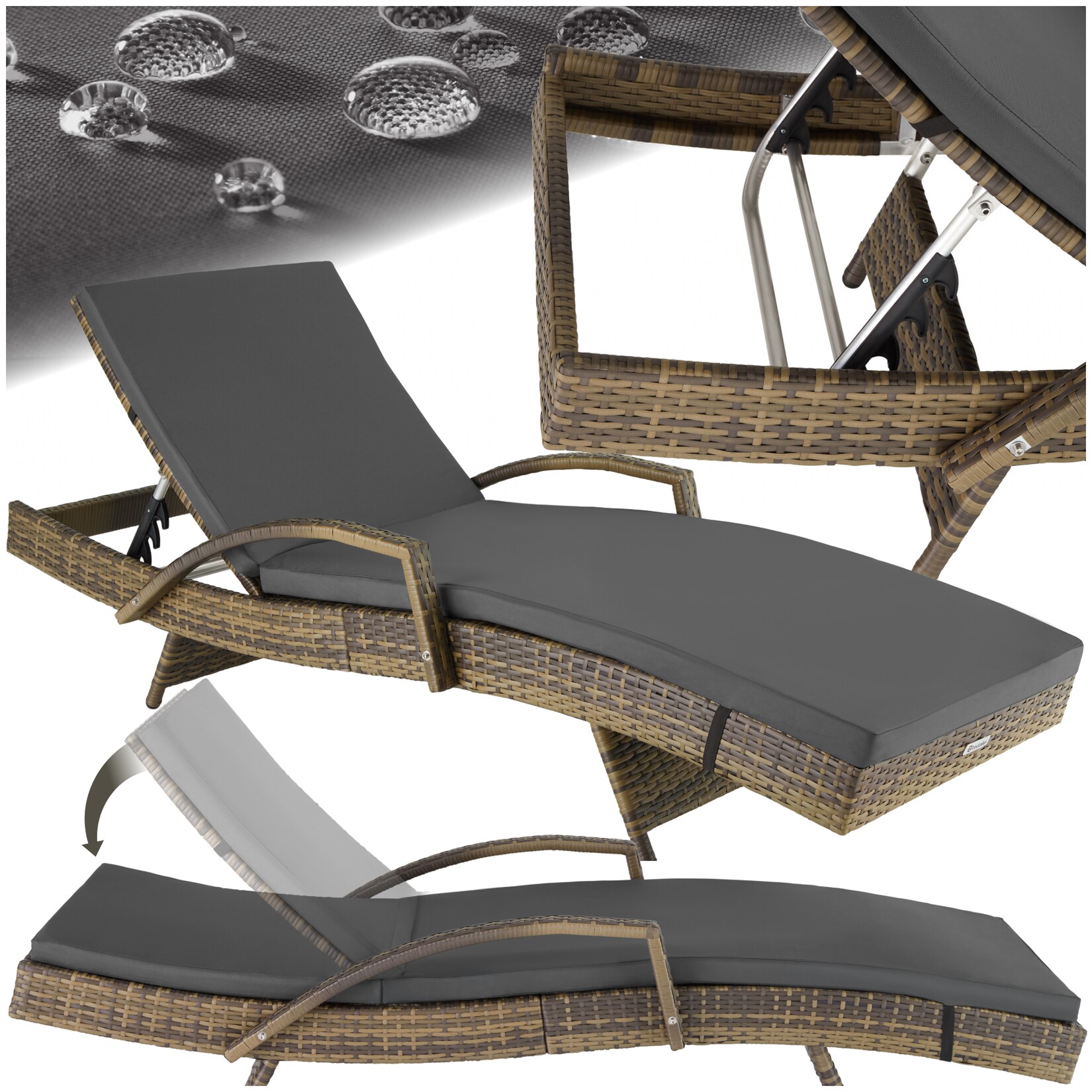 tectake® Rattan Sonnenliege, mit Aluminiumgestell, UV-beständig, 190 x 71 x 34 – 74,5 cm | 04061173116925