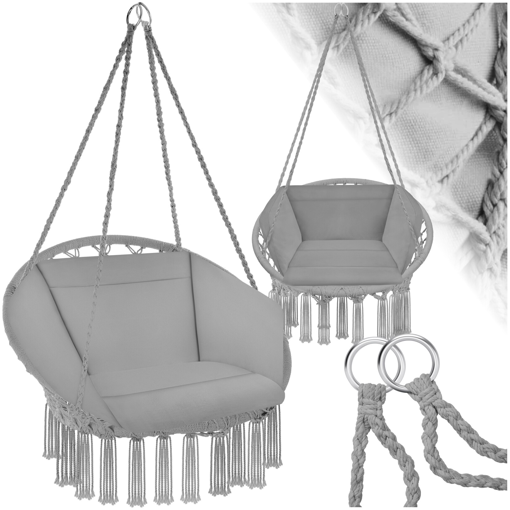 tectake® Hängesessel, mit Sitz- und Rückenpolster, große Zierquasten, 80 x 72 x 125 cm