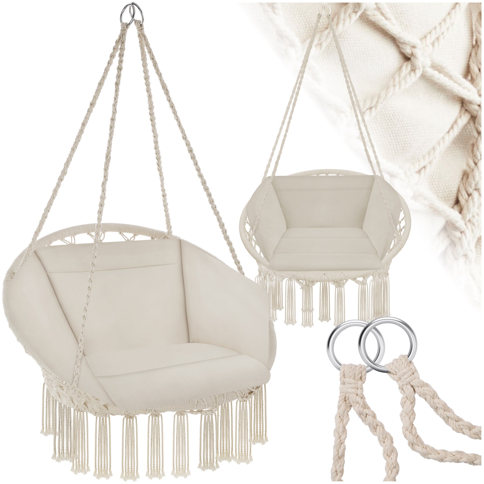 tectake® Hängesessel, mit Sitz- und Rückenpolster, große Zierquasten, 80 x 72 x 125 cm