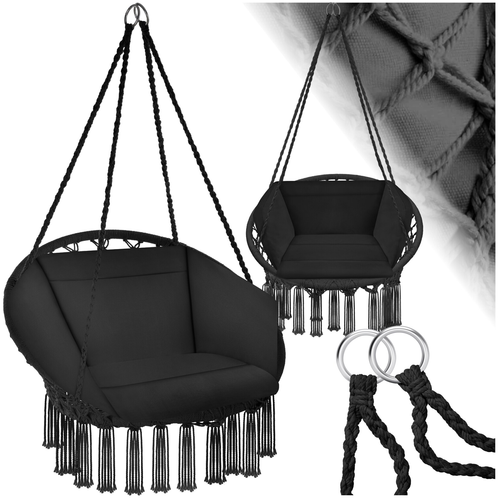 tectake® Hängesessel, mit Sitz- und Rückenpolster, große Zierquasten, 80 x 72 x 125 cm