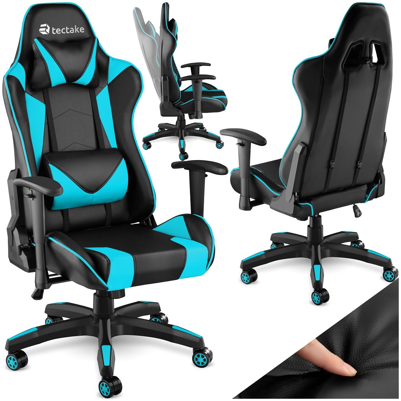 tectake® Racing Gaming Stuhl, ergonomische Form, mit verstellbarer Rückenlehne, Kunstlederbezug, abnehmbares Nacken- und Lendenkissen, Belastbarkeit 120 kg