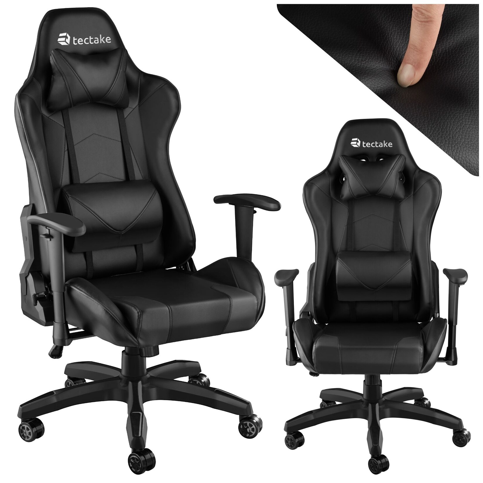 tectake® Racing Gaming Stuhl, ergonomische Form, mit verstellbarer Rückenlehne, Kunstlederbezug, abnehmbares Nacken- und Lendenkissen, Belastbarkeit 120 kg | 04061173041272
