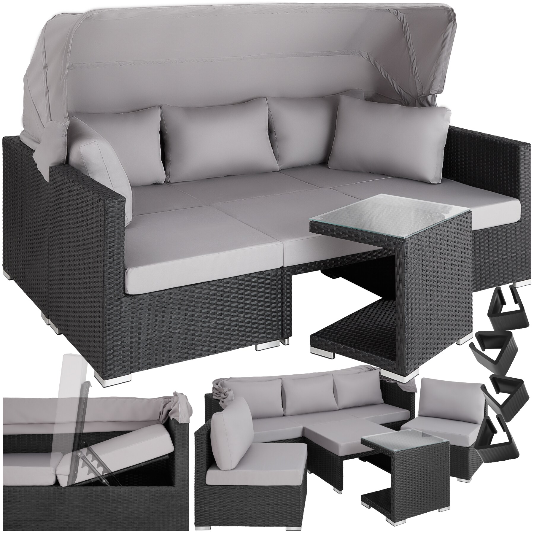 tectake&reg; Rattan Lounge, mit Aluminiumgestell, wetterfest und UV-best&auml;ndig, mit klapparem Sonnenschutz, mit Sicherheitsglasplatte, variabel aufstellbar - Bild 1