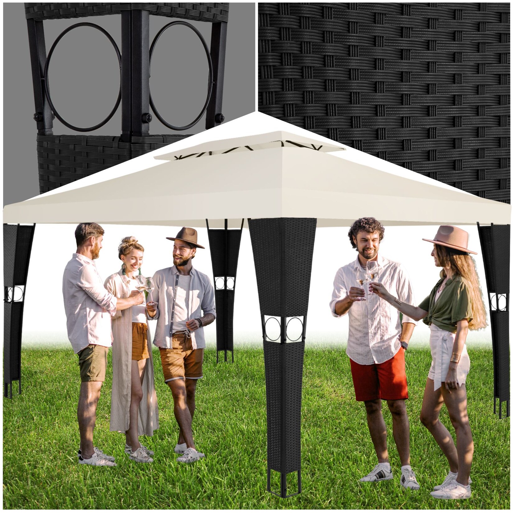 tectake® Rattan Gartenpavillon, 4 x 3 m, Doppeldachsystem, inklusive Heringen