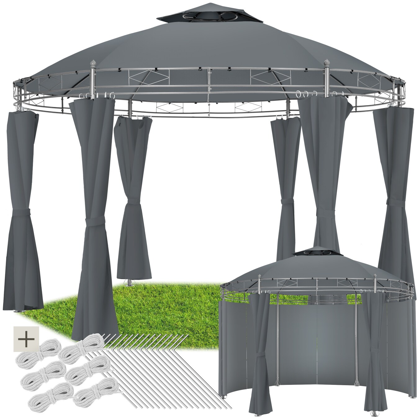 tectake® Gartenpavillon, Ø 3,5 m, Doppeldachsystem, inklusive Spannseilen und Heringen