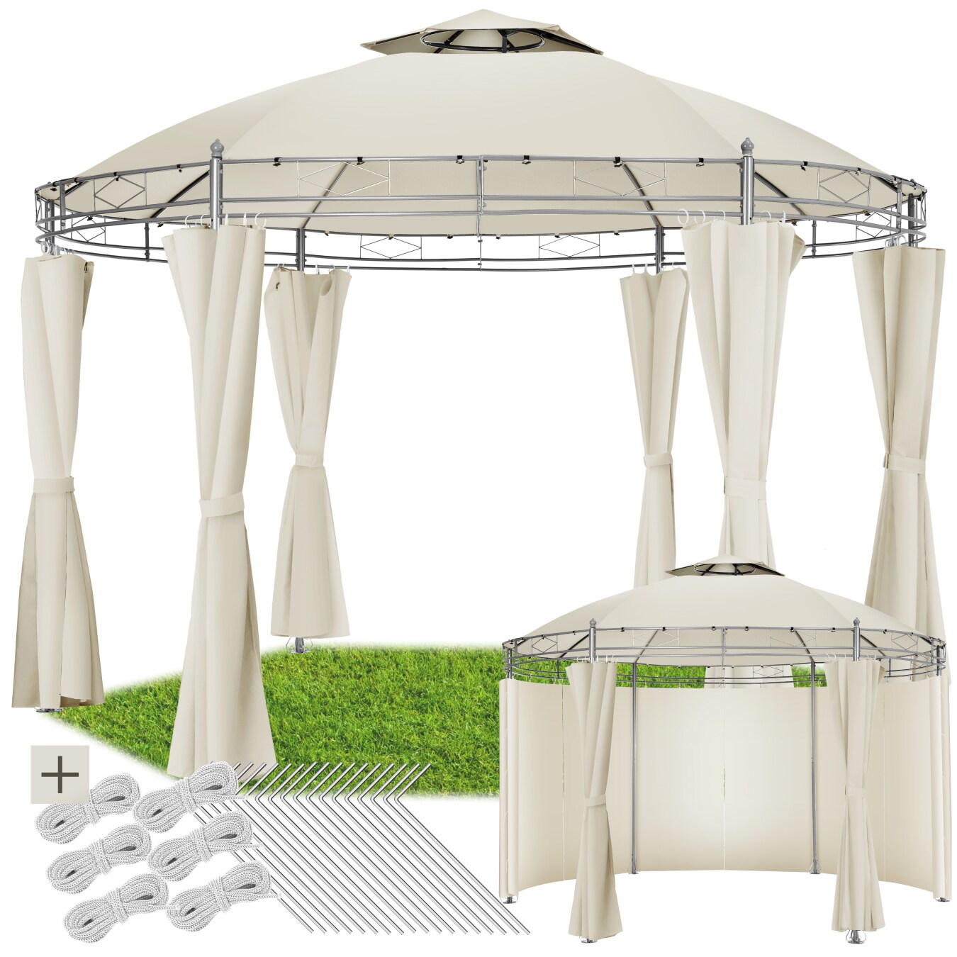 tectake® Gartenpavillon, Ø 3,5 m, Doppeldachsystem, inklusive Spannseilen und Heringen
