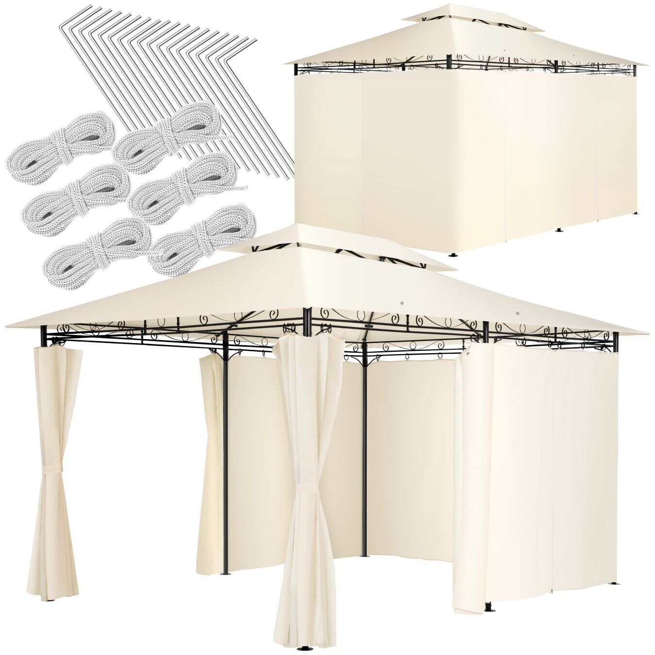tectake® Gartenpavillon, 4 x 3 m, Doppeldachsystem, inklusive Spannseilen und Heringen