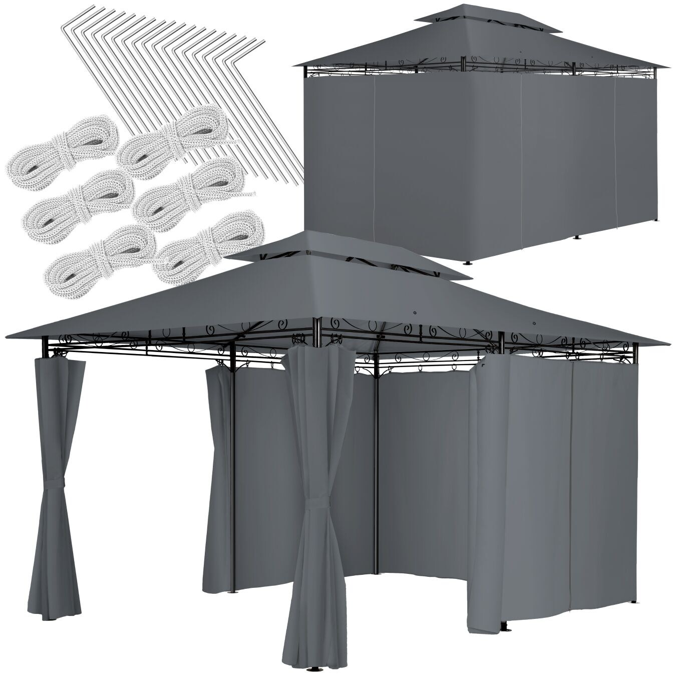 tectake® Gartenpavillon, 4 x 3 m, Doppeldachsystem, inklusive Spannseilen und Heringen