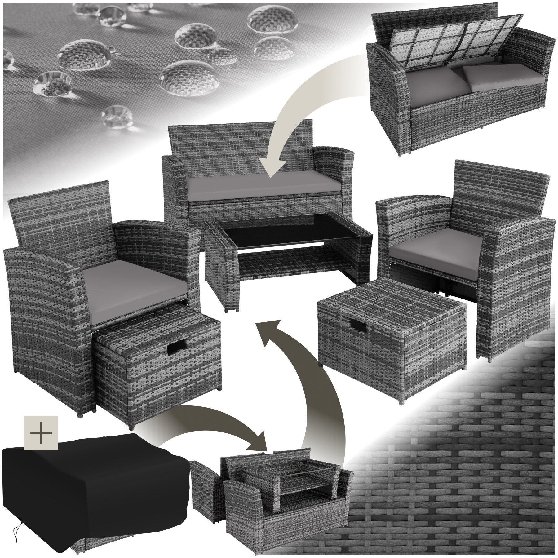 tectake&reg; Rattan Sitzgruppe, f&uuml;r 4 bis 6 Personen, UV-best&auml;ndig, inklusive Staufach und Schutzh&uuml;lle - Bild 1