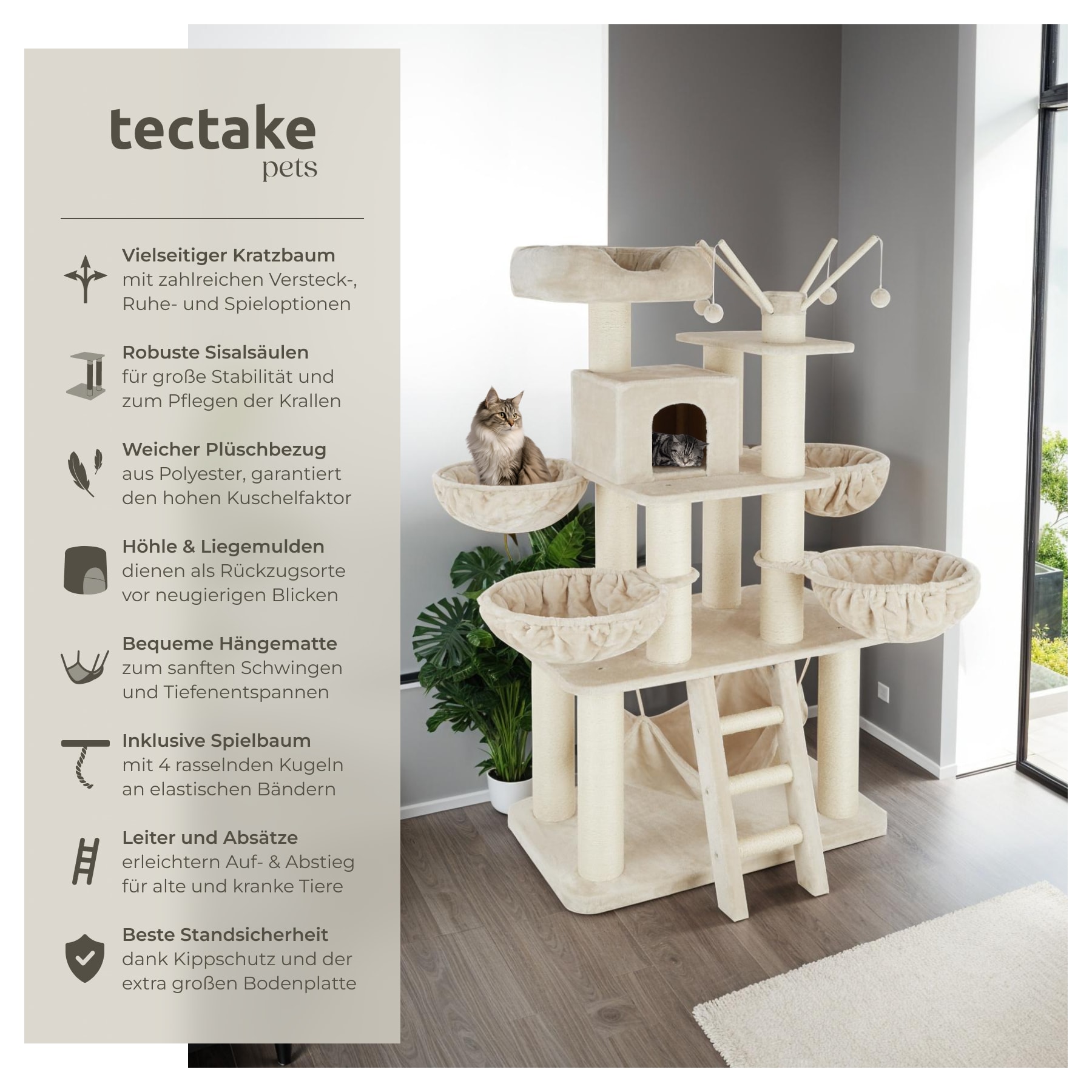 tectake Kratzbaum, 195 cm, mit Katzenhaus, inklusive Treppe, 4 Spielbllen  und Kippschutz