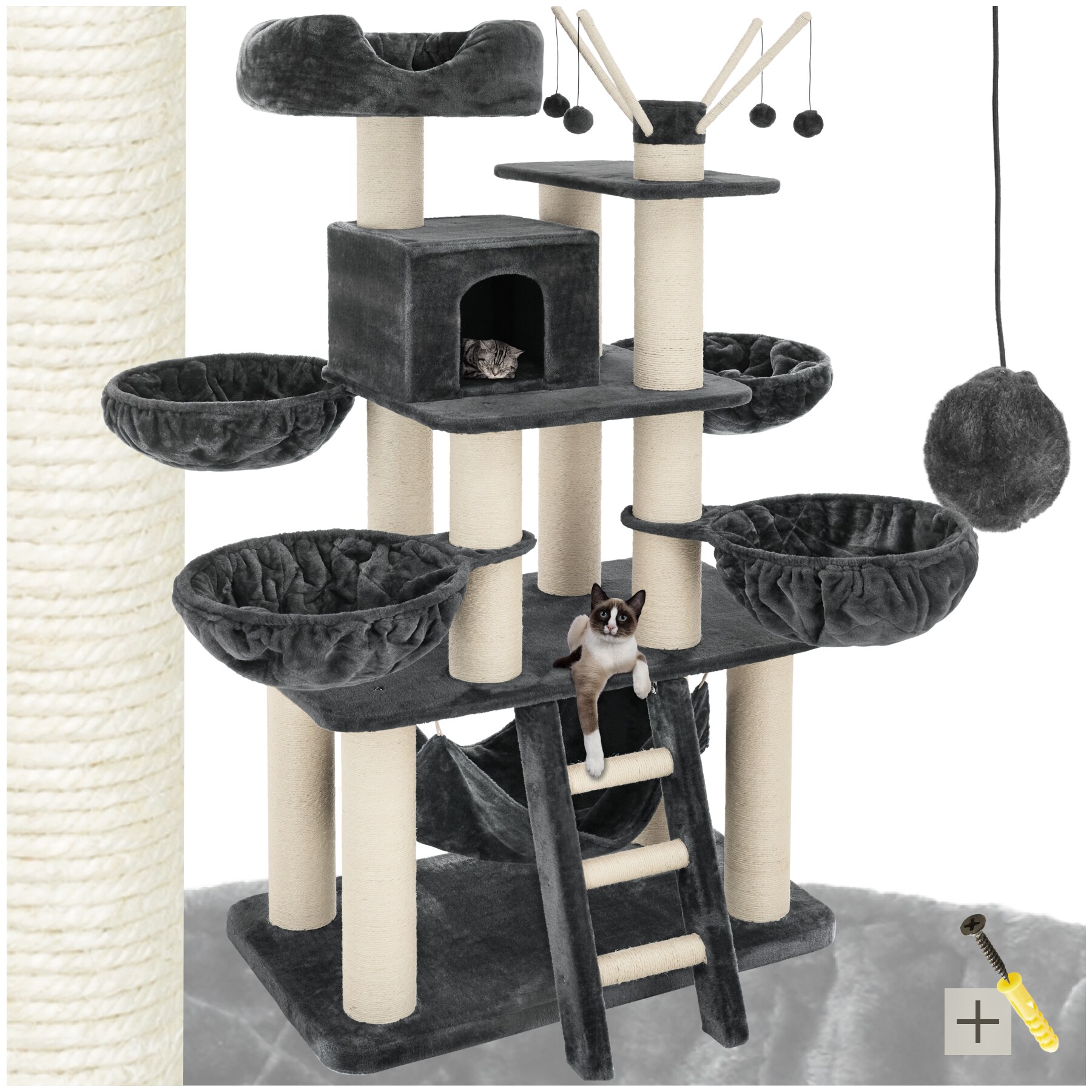 tectake&reg; Kratzbaum, 195 cm, mit Katzenhaus, inklusive Treppe, 4 Spielb&auml;llen und Kippschutz - Bild 1