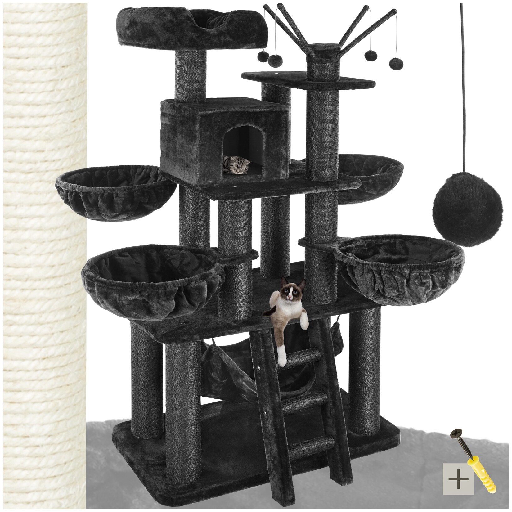 tectake® Kratzbaum, 195 cm, mit Katzenhaus, inklusive Treppe, 4 Spielbällen und Kippschutz