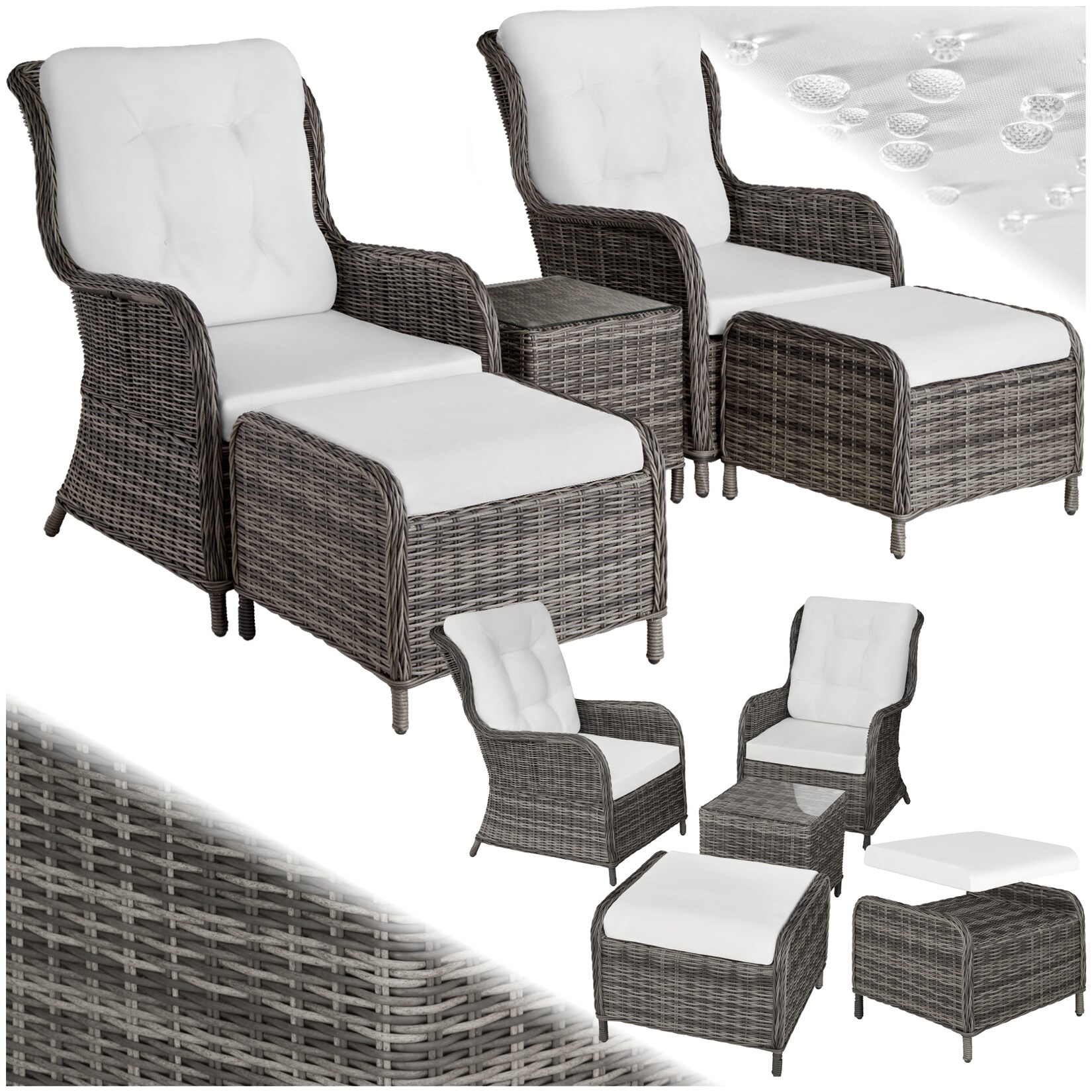 tectake® Rattan Sitzgruppe, für 2 bis 4 Personen, Dicke der Sitzpolster 8,5 cm, mit Sicherheitsglasplatte, mit Sicherheitsglasplatte