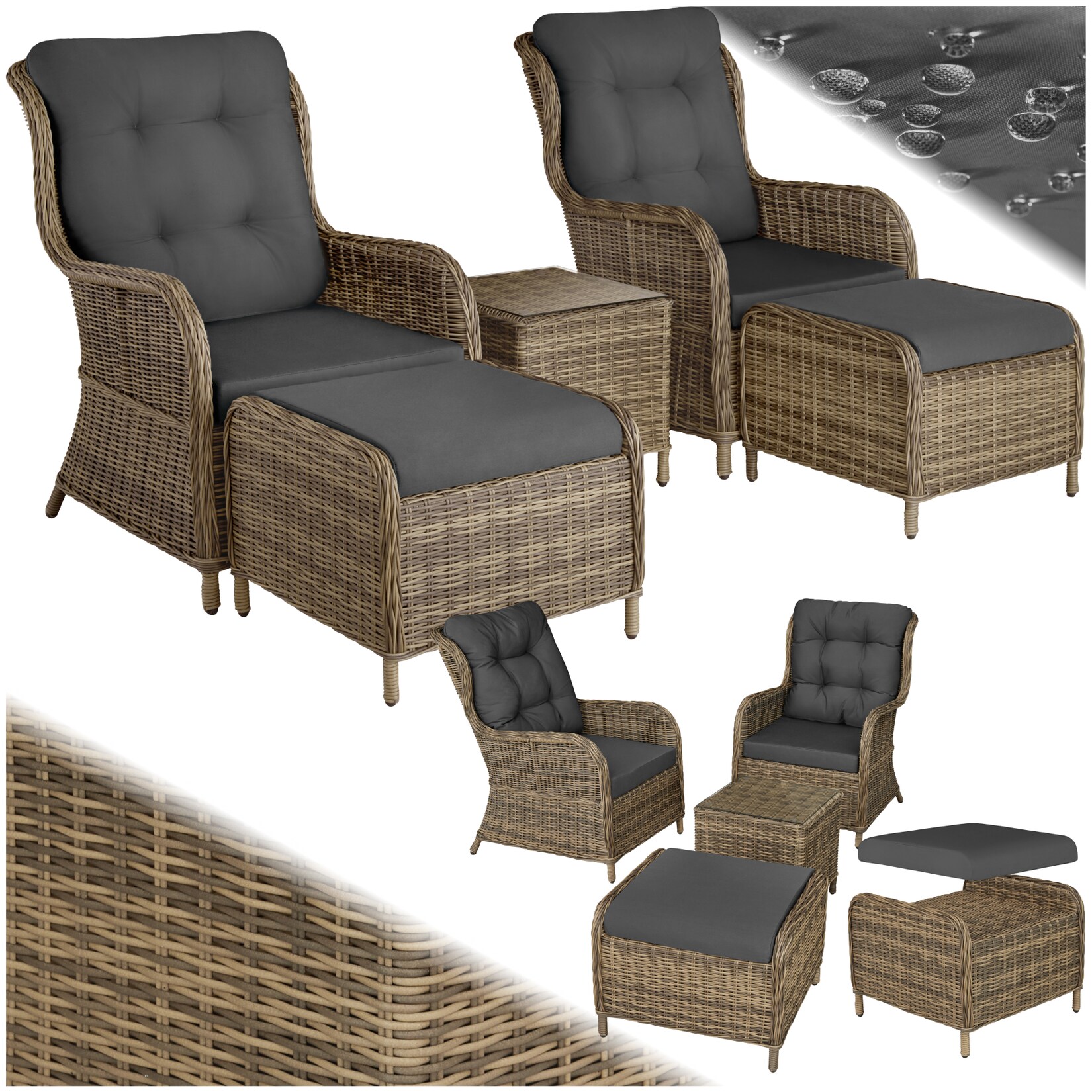 tectake® Rattan Sitzgruppe, für 2 bis 4 Personen, Dicke der Sitzpolster 8,5 cm, mit Sicherheitsglasplatte, mit Sicherheitsglasplatte