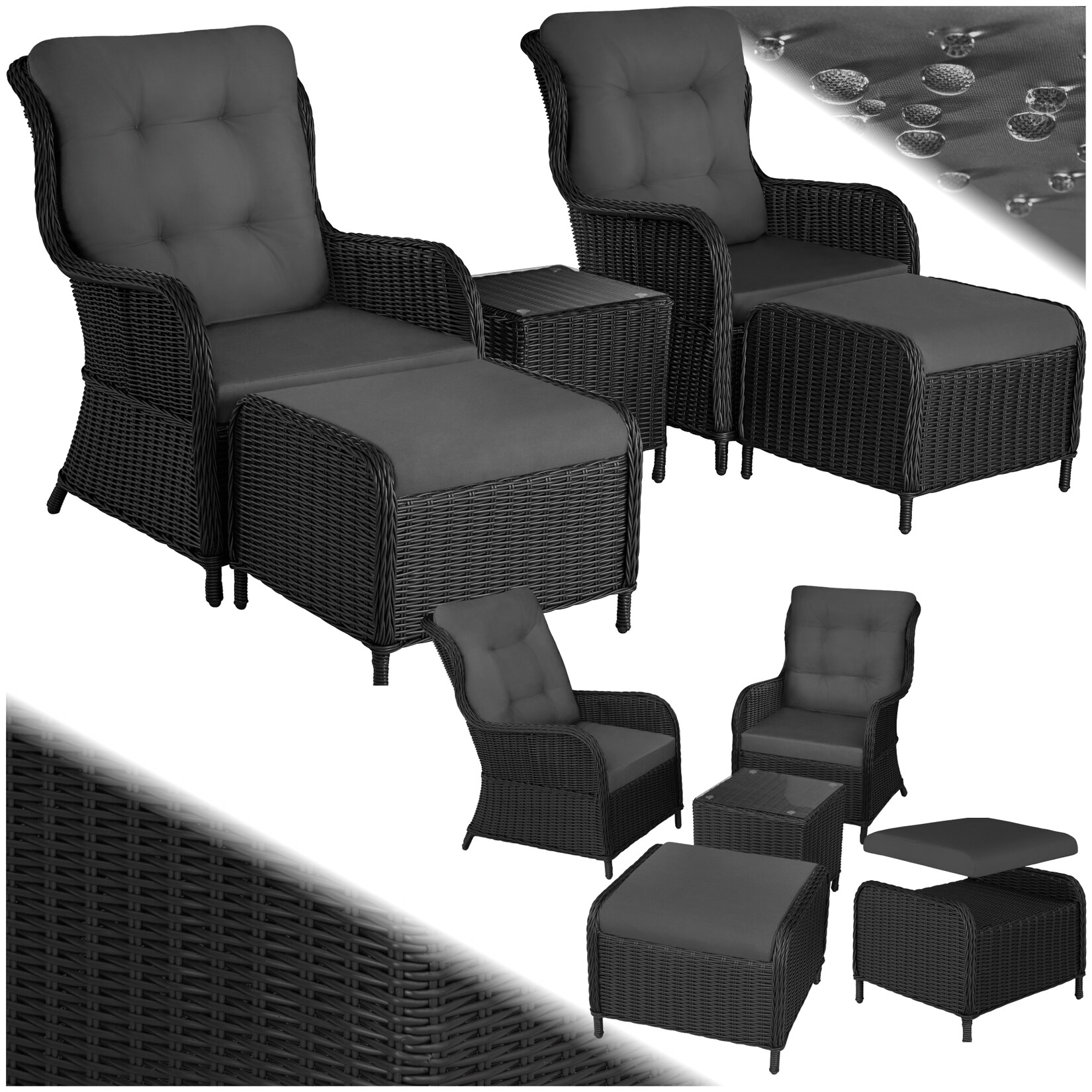 tectake® Rattan Sitzgruppe, für 2 bis 4 Personen, Dicke der Sitzpolster 8,5 cm, mit Sicherheitsglasplatte, mit Sicherheitsglasplatte