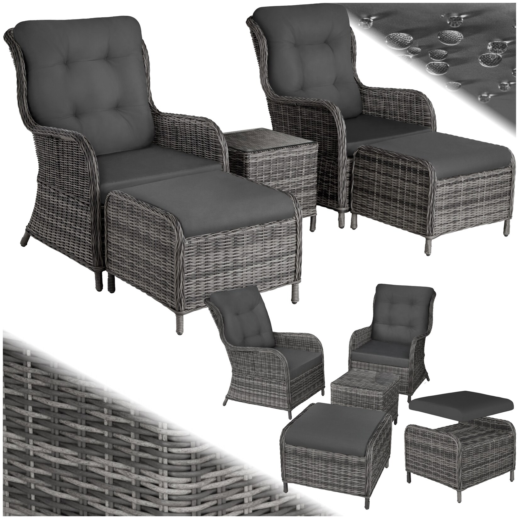 tectake® Rattan Sitzgruppe, für 2 bis 4 Personen, Dicke der Sitzpolster 8,5 cm, mit Sicherheitsglasplatte, mit Sicherheitsglasplatte | 04061173259905