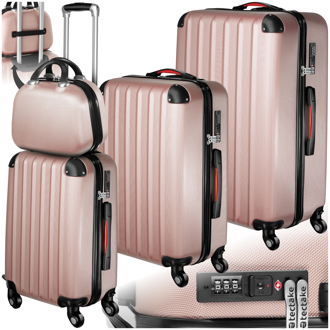tectake&reg; Hartschalenkoffer-Set, 4-teilig, 3 Trolleys und Beauty-Case aus robustem ABS-Kunststoff, 360&deg; drehbare, abnehmbare Rollen, mit TSA-Zahlenschloss - Bild 1