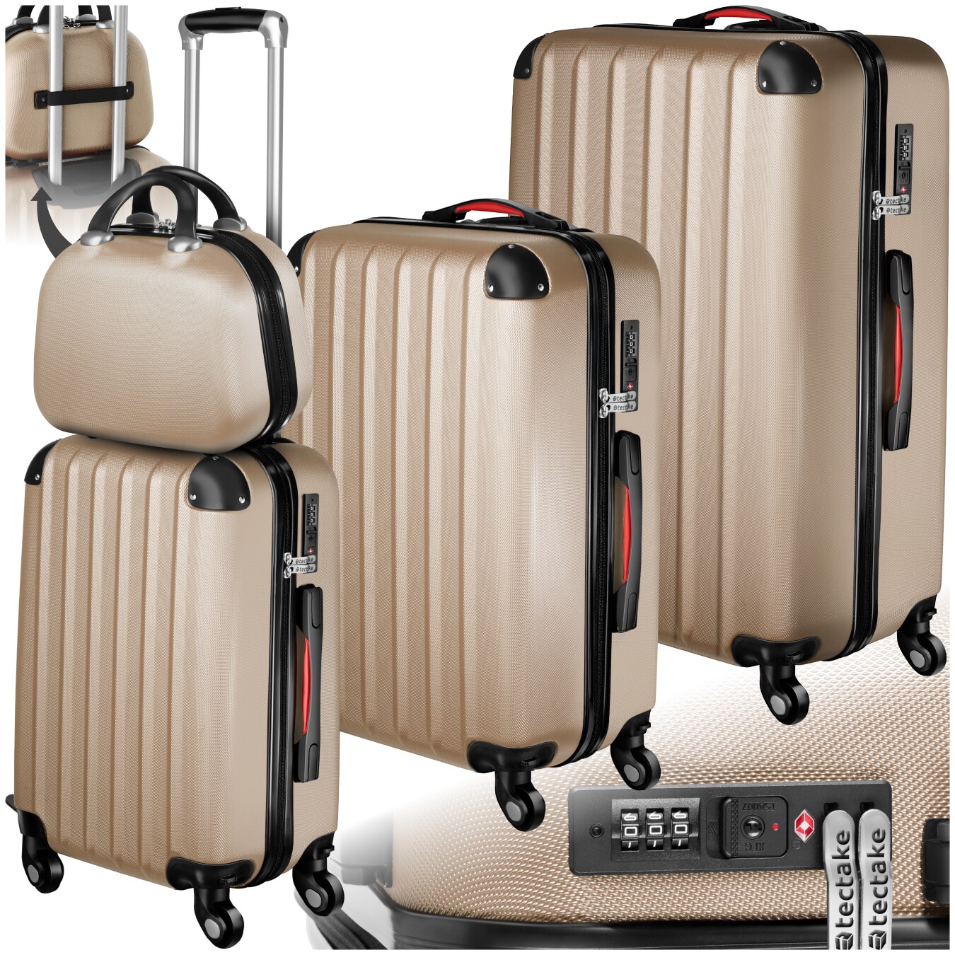 tectake® Hartschalenkoffer-Set, 4-teilig, 3 Trolleys und Beauty-Case aus robustem ABS-Kunststoff, 360° drehbare, abnehmbare Rollen, mit TSA-Zahlenschloss | 04061173069498