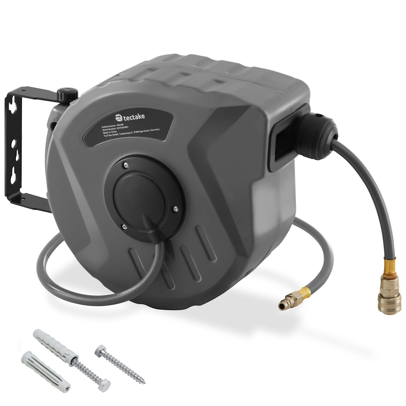 tectake® Druckluftschlauch mit Trommel, mit ¼ Zoll Schnellkupplung, Drehbereich 180°, inklusive Montagematerial | 04061173069672