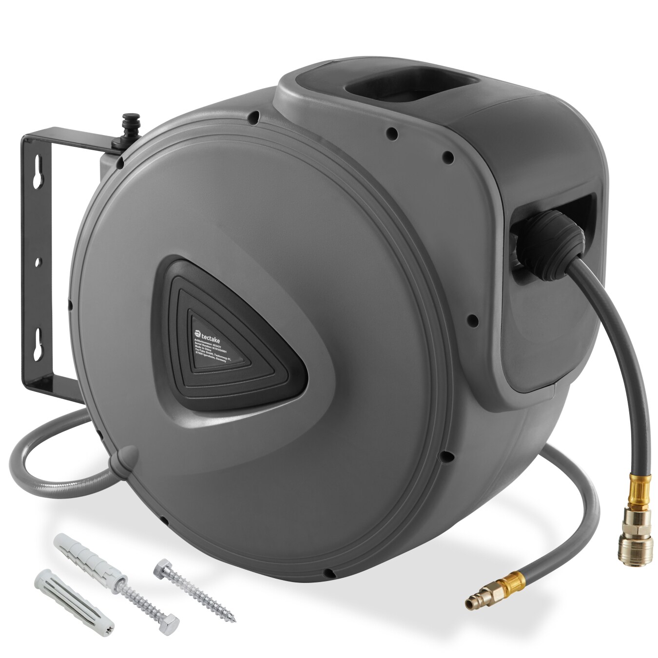 tectake® Druckluftschlauch mit Trommel, mit ¼ Zoll Schnellkupplung, Drehbereich 180°, inklusive Montagematerial