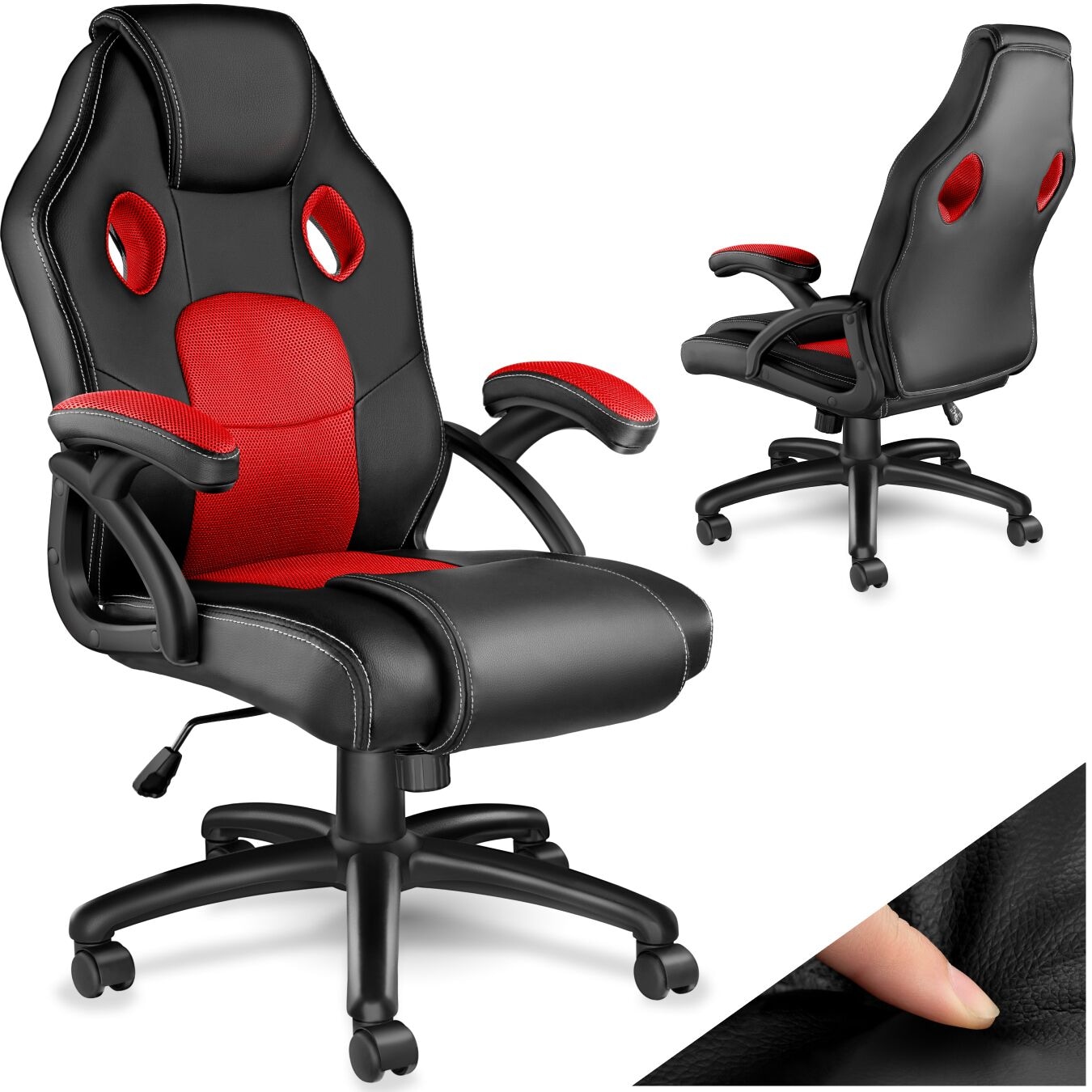 tectake® Bürostuhl, ergonomische Form, Kunstlederbezug mit Mesh-Gewebe, stufenlos höhenverstellbar