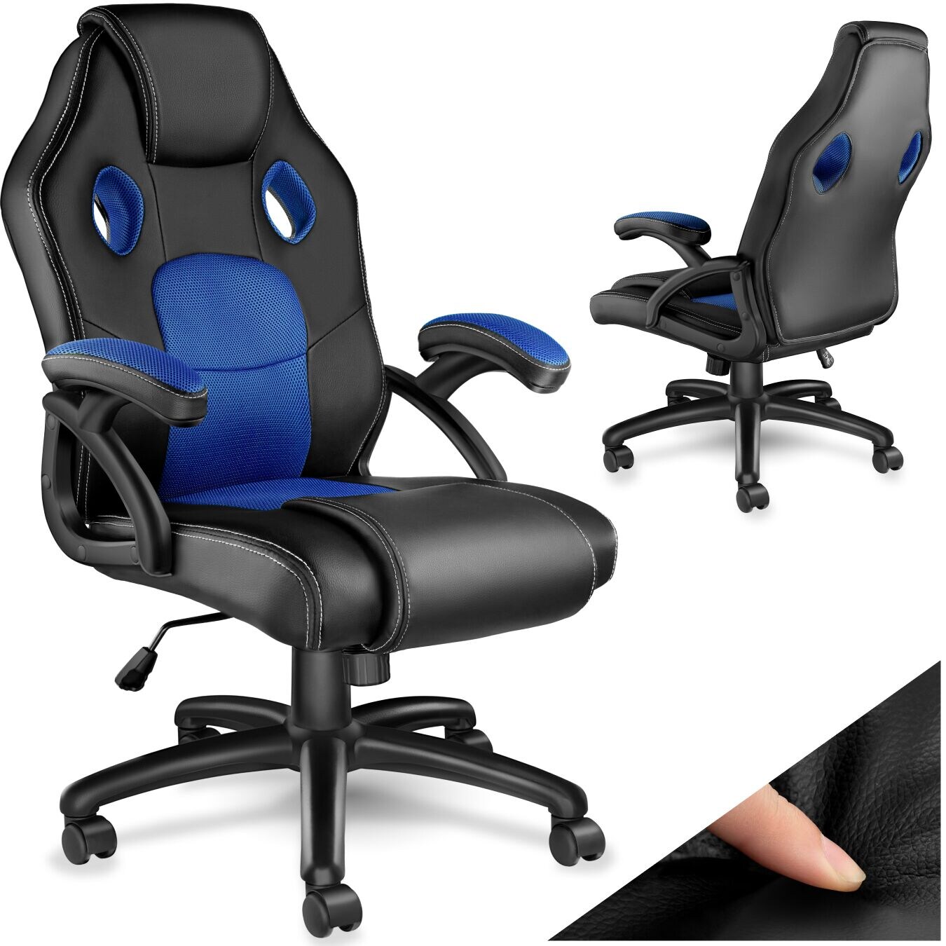tectake® Bürostuhl, ergonomische Form, Kunstlederbezug mit Mesh-Gewebe, stufenlos höhenverstellbar