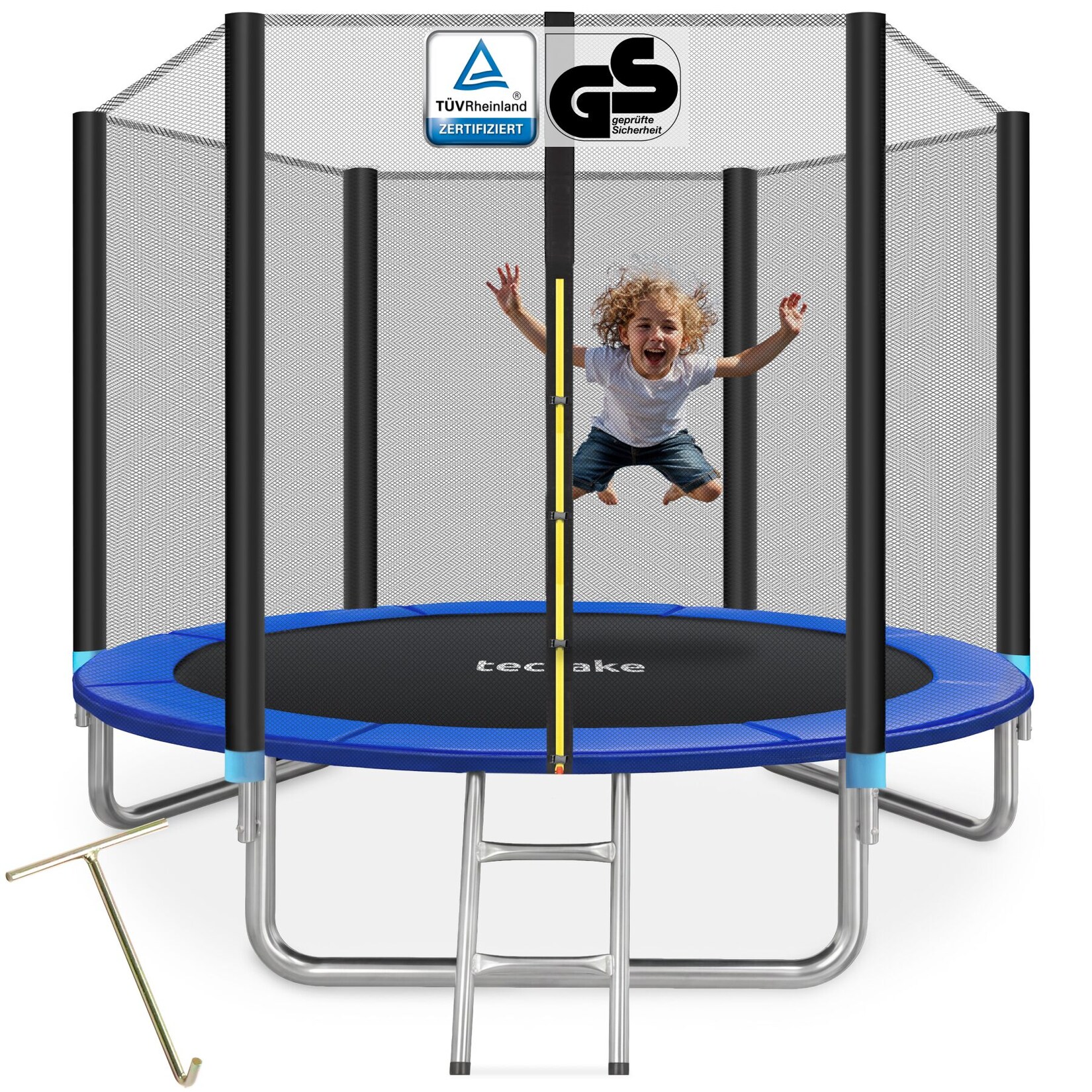 tectake® Trampolin, Ø 244 cm, GS zertifiziert, Randabdeckung, inklusive Einstiegsleiter