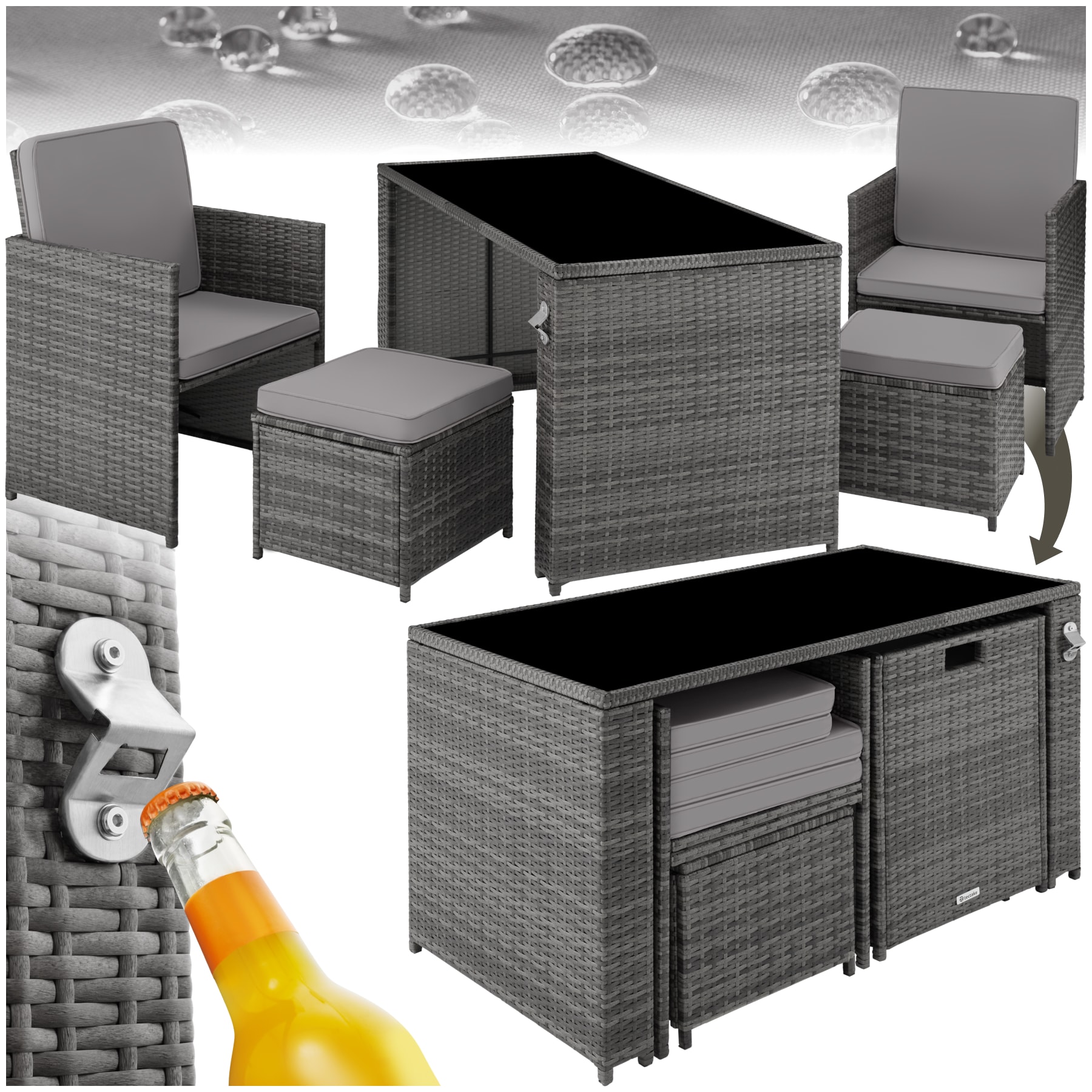 tectake&reg; Rattan Sitzgruppe, f&uuml;r 2 bis 4 Personen, UV-best&auml;ndig, inklusive Flaschen&ouml;ffner, zusammenschiebbar - Bild 1