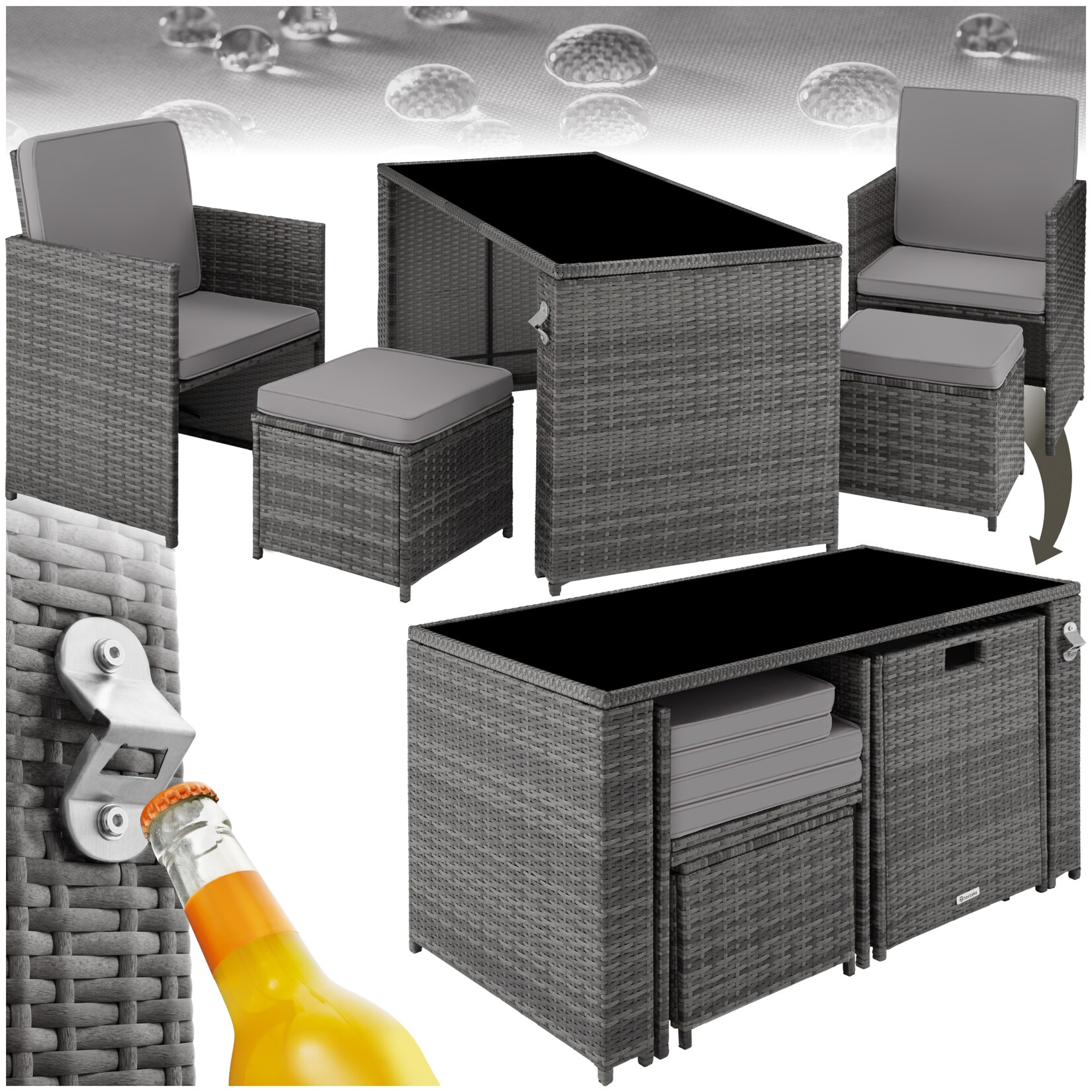 tectake® Rattan Sitzgruppe, für 2 bis 4 Personen, UV-beständig, inklusive Flaschenöffner, zusammenschiebbar