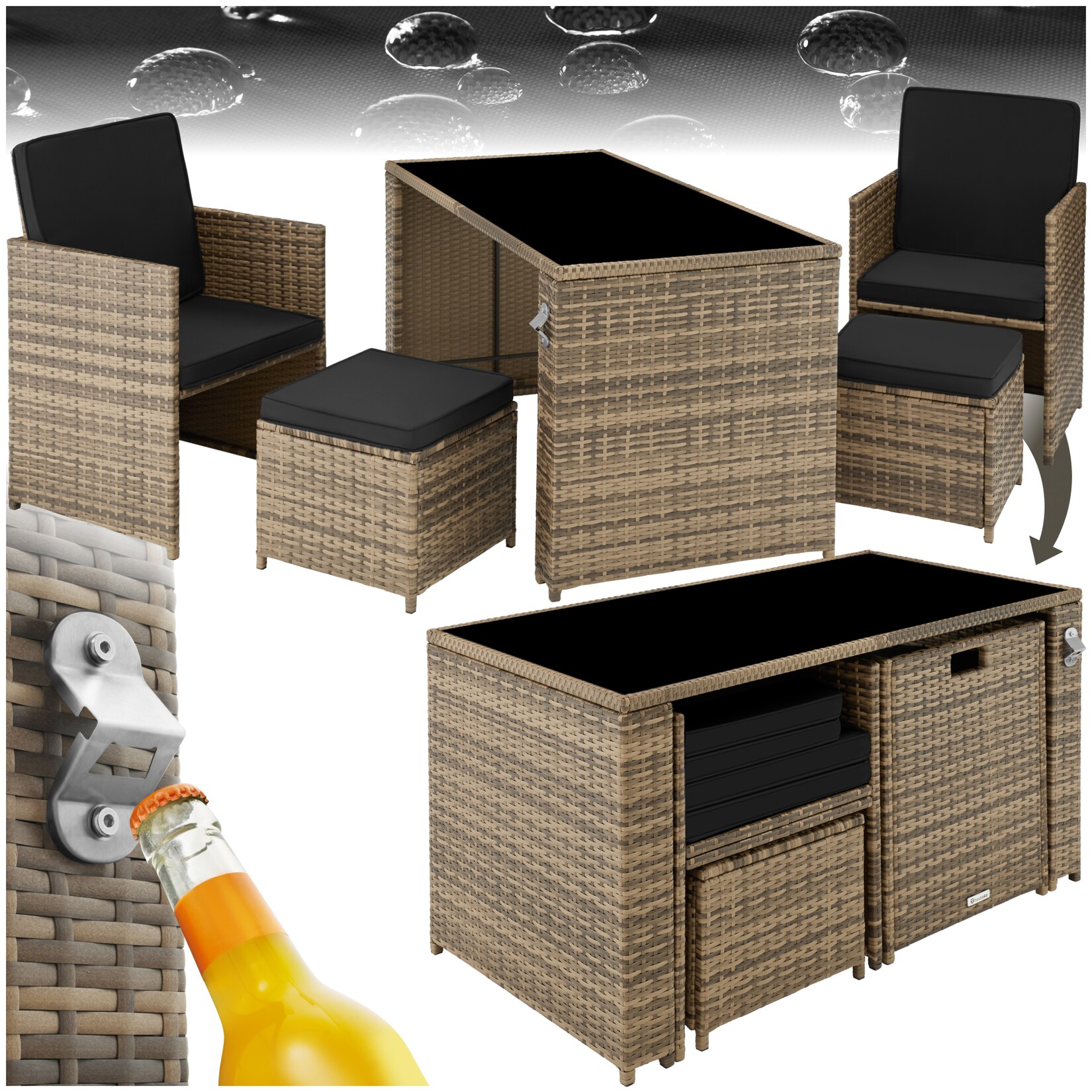 tectake® Rattan Sitzgruppe, für 2 bis 4 Personen, UV-beständig, inklusive Flaschenöffner, zusammenschiebbar | 04061173115096