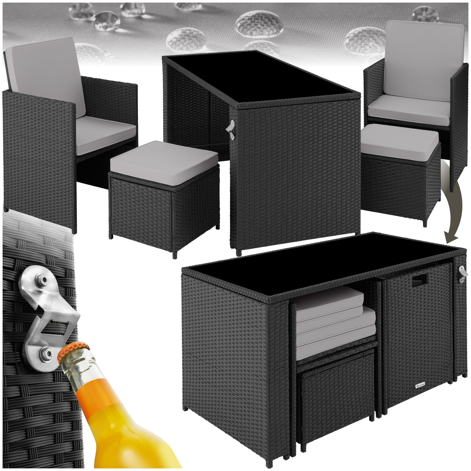 tectake® Rattan Sitzgruppe, für 2 bis 4 Personen, UV-beständig, inklusive Flaschenöffner, zusammenschiebbar | 04061173206374